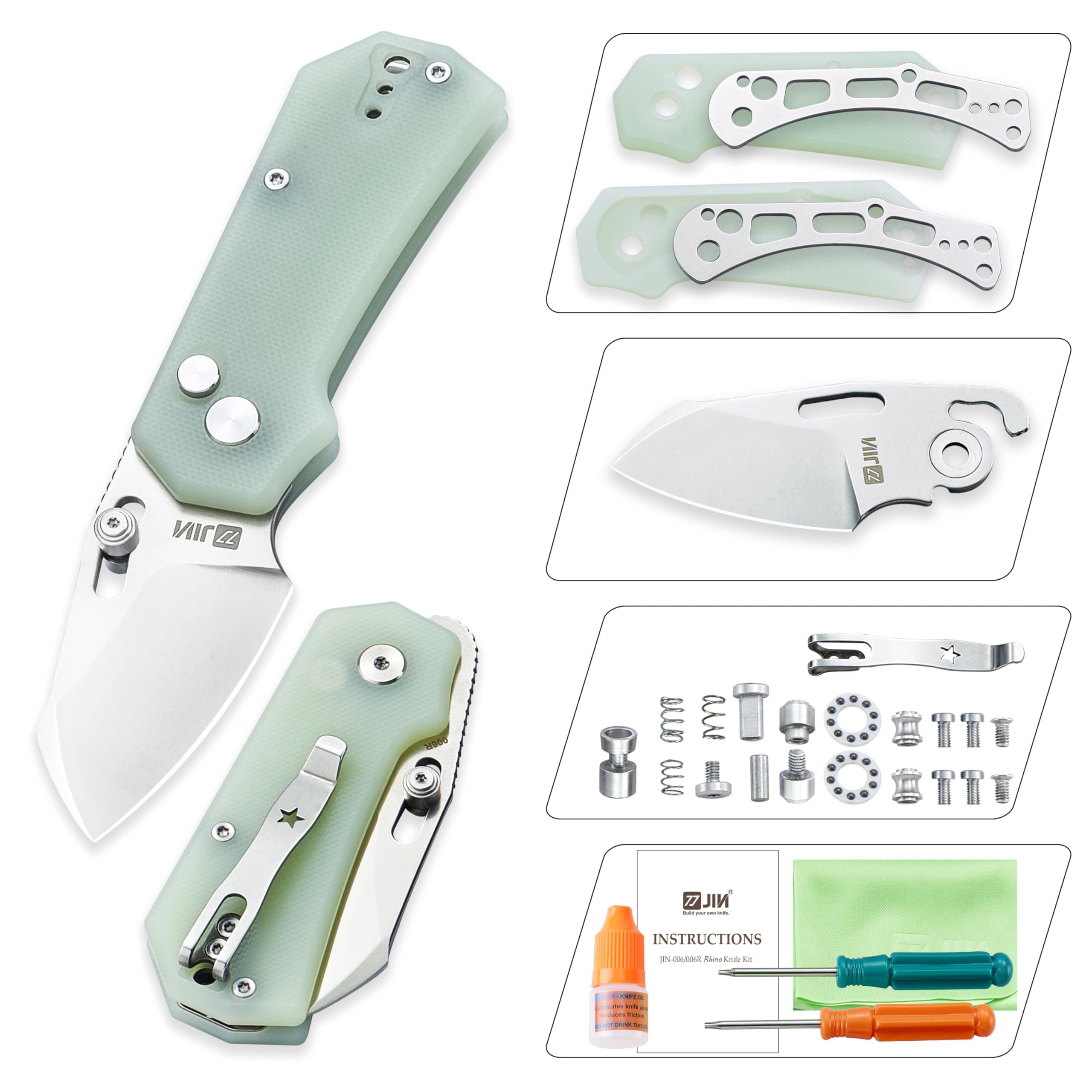 JIN Rhino Small Pocket Knife for Men, Button Lock EDC, Folding Knife Kit, 2" 9Cr18Mov Satin Blade, Jade G10 Handle, Gift for Men Women, Razor Sharp Camping Knives