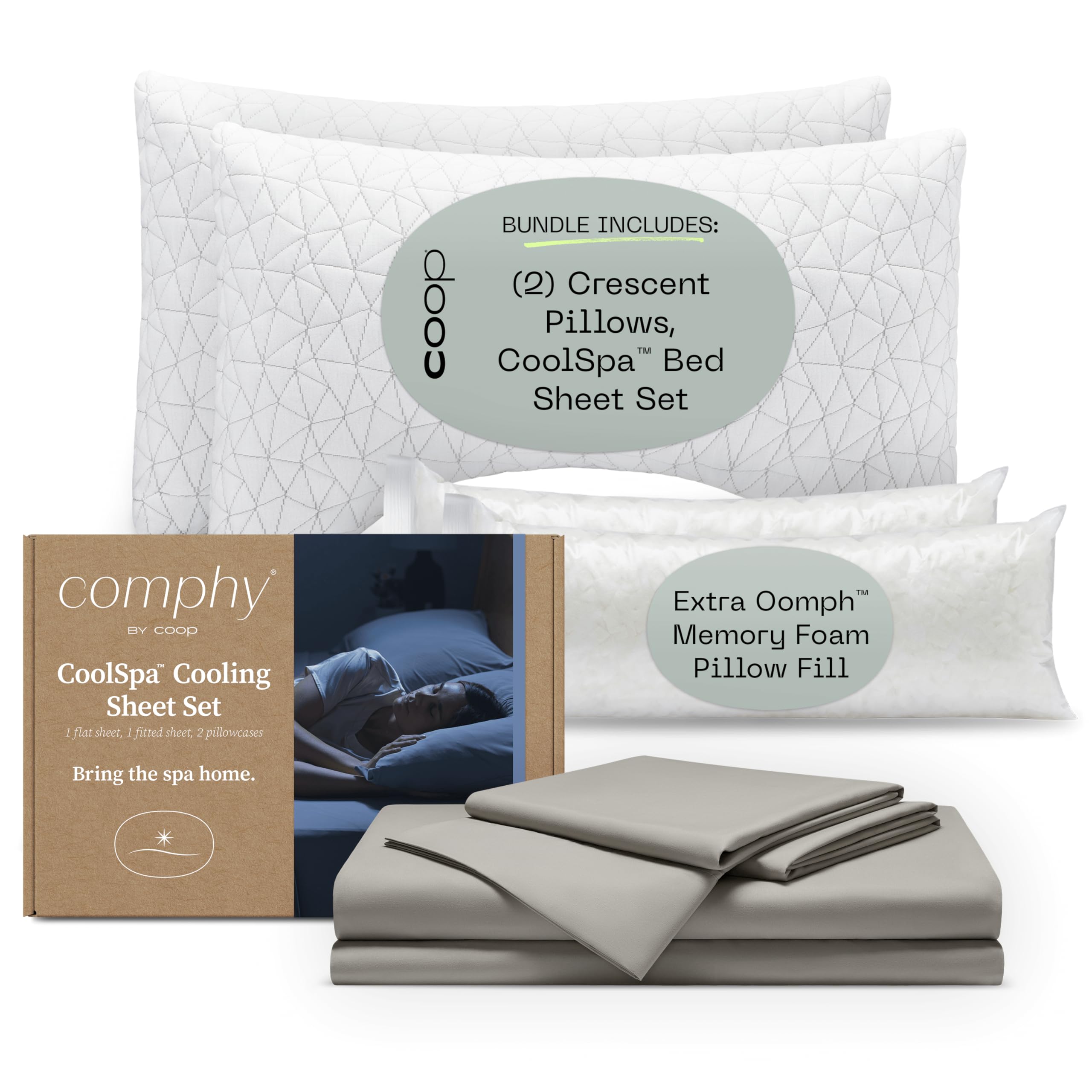 Coops Cool Cooling Bed Sheet Set Dove Grey and Original Crescent Pillows King Bundle