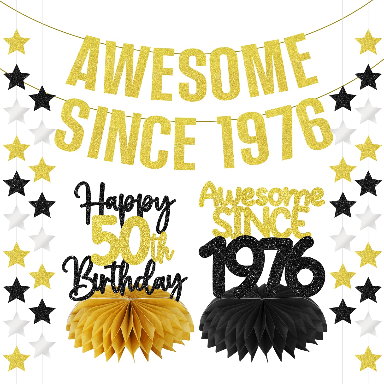 Zirtorei 50th Birthday Decorations Awesome Since 1976 Banner for Men Women, 4Pcs Black Gold 50 Birthday Hanging Sign Party Supplies, Fifty Year Old