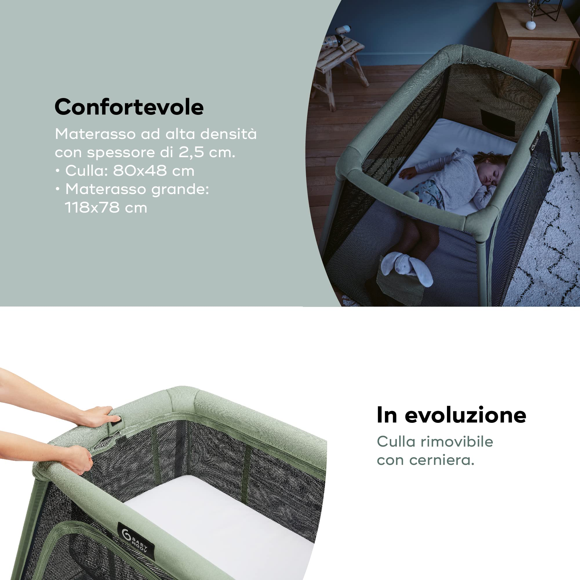 Babymoov Lettino Moov and Comfy 3 in 1- Ideale dalla nascita ai 4 anni - 2 livelli: culla e lettino grande - Può essere trasformato in un'area giochi - Facile da montare e da piegare - Garanzia a vita