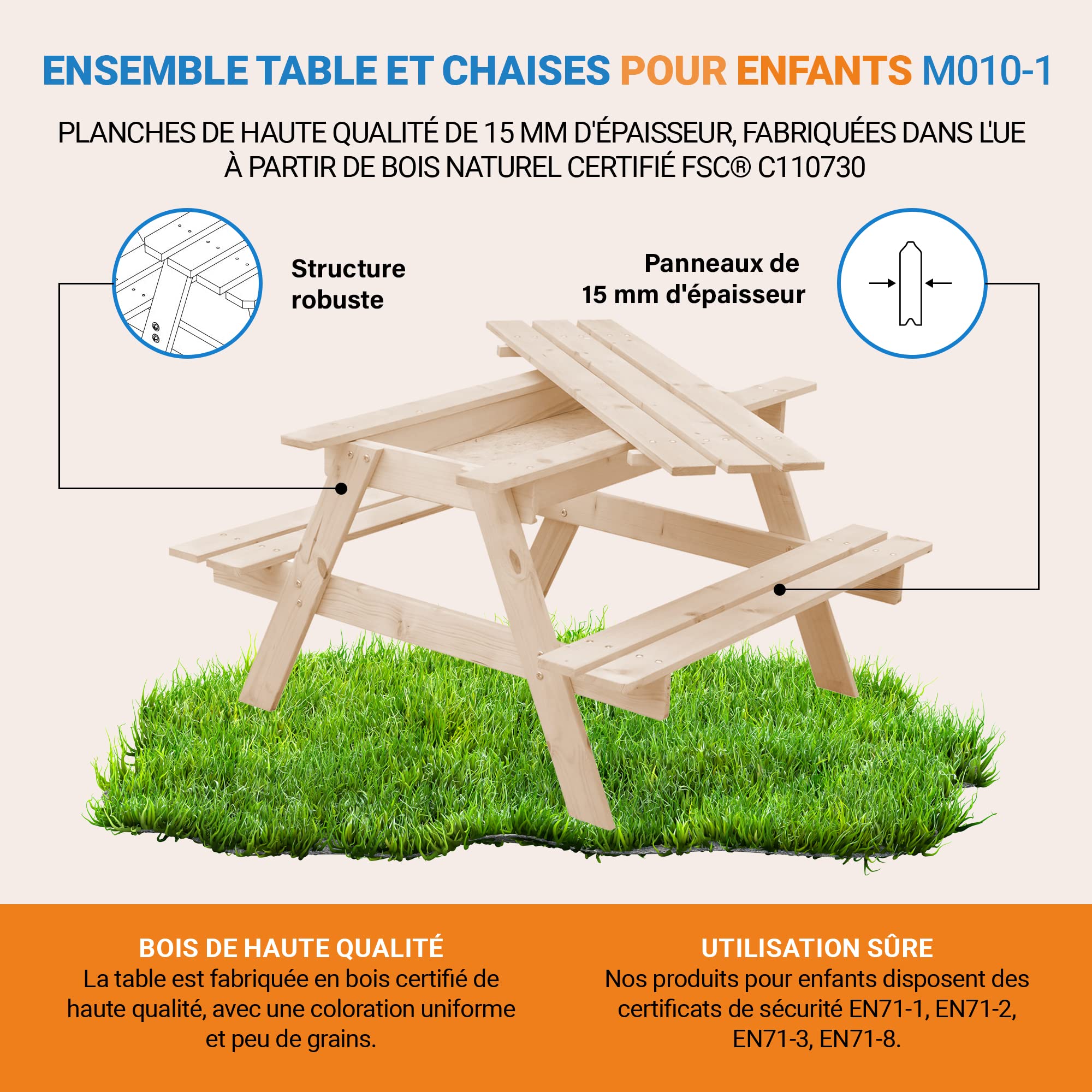 TIMBERA M010-1 Table et Chaise Enfant pour Le Jardin - Salon de Jardin avec Boîte de Rangement - 90x90xH50 cm pour l'Extérieur ou à l'Intérieur