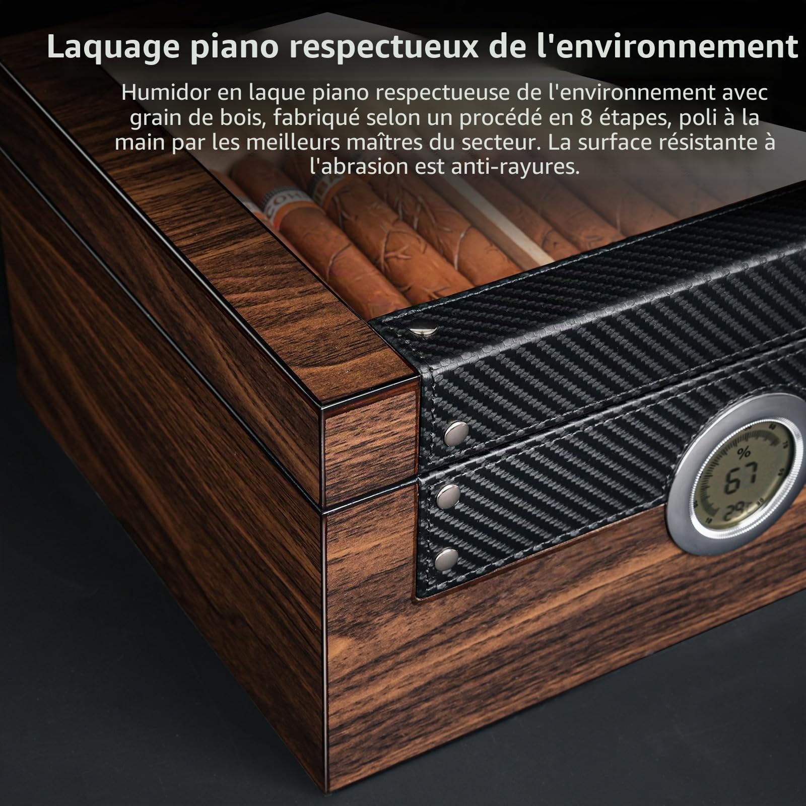 Boîte a Cigare de Luxe, Cave à Cigare en Cèdre Espagnol Capacité 70 Cigare Cubain, Humidor Cigares avec Hygromètre, Humidificateur Cigares, Plateau détachable, Superbe Cadeau pour Hommes