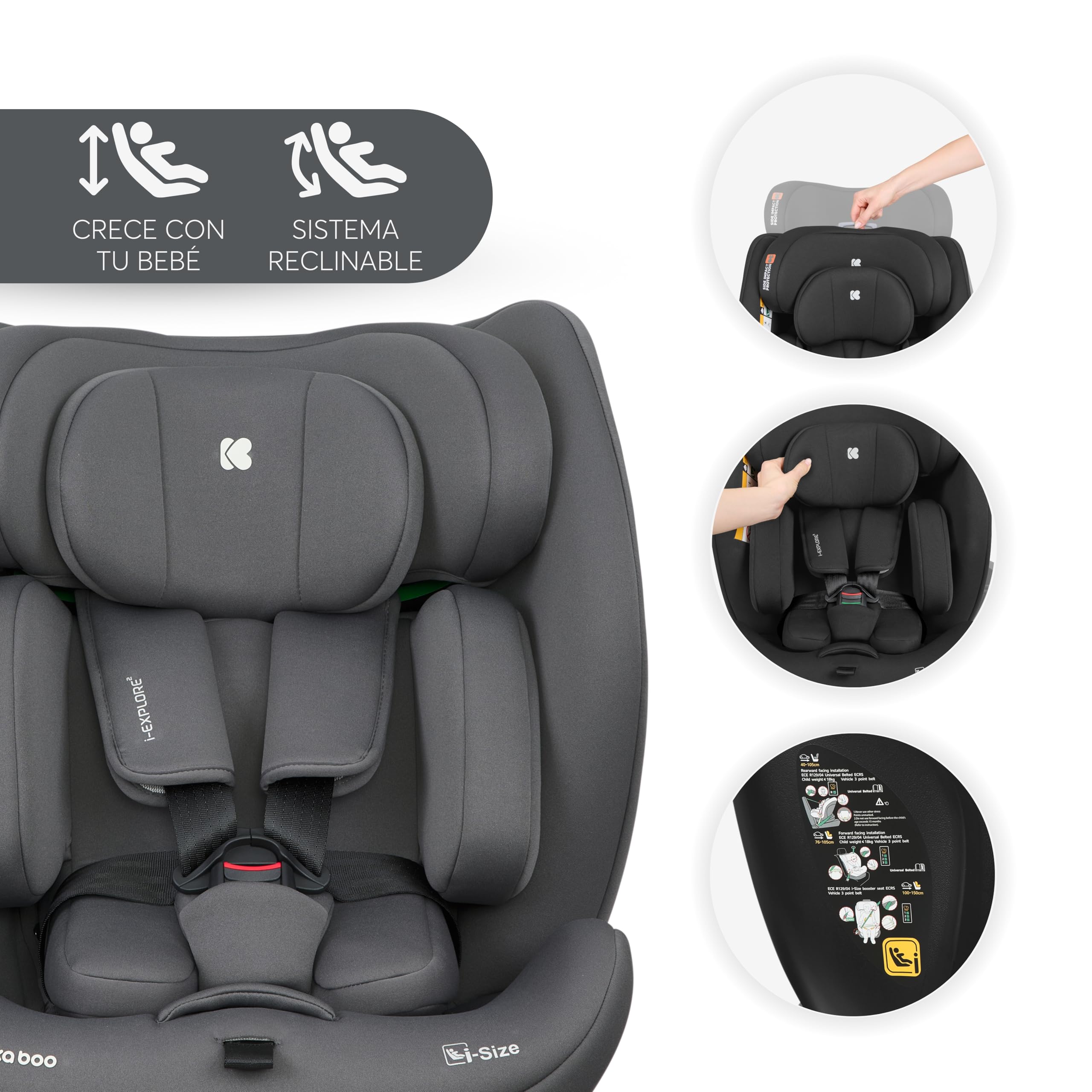 KikkaBoo Silla Coche Bebé sin ISOFIX i-EXPLORE 2, Grupo 0 1 2 3, i-Size 40-150 cm, Reclinable, 0-12 Años, Reposacabezas 14 Posiciones, Cojín y Arnés 5 Puntos, Grey — view 6