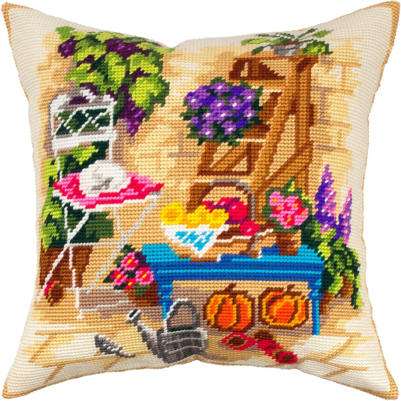 Watering Can at Backyard. Needlepoint Kit. Throw Pillow 16×16 Inches. Printed Tapestry Canvas, European Quality
