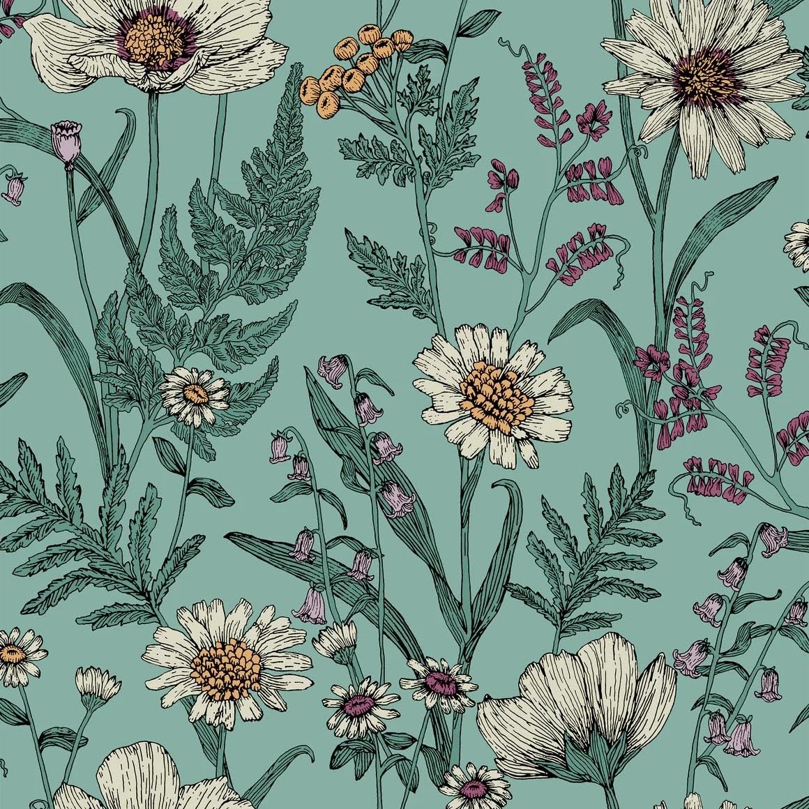 Wild Meadow Blue Wallpaper - Floral Flowers Petals Naturistic Blossom Feature Wall - Classic Vintage Paste The Wall