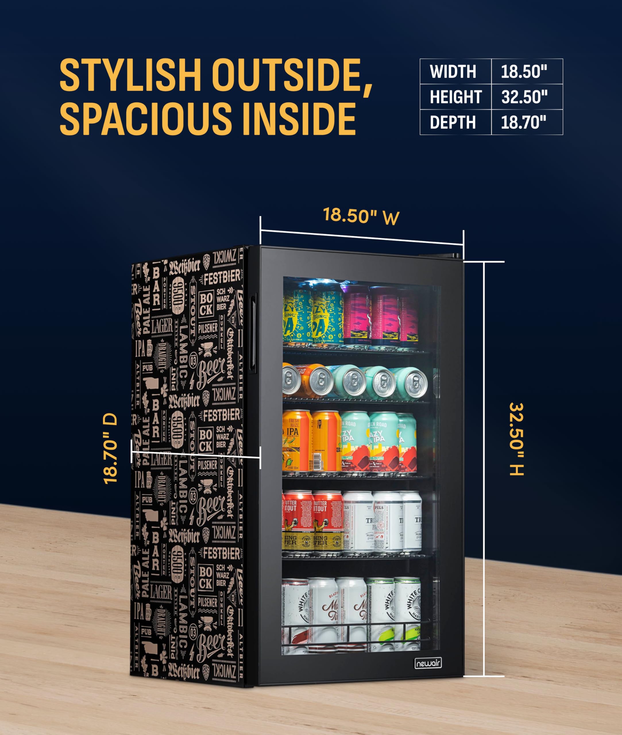 NewAir 126 Can Beverage Refrigerator | Freestanding Mini Fridge For Home Bar Or Office | Splitshelf Storage, 32°F Cooling & LED Lighting | “Beers Of The World” Design on Fridge.com - View 4