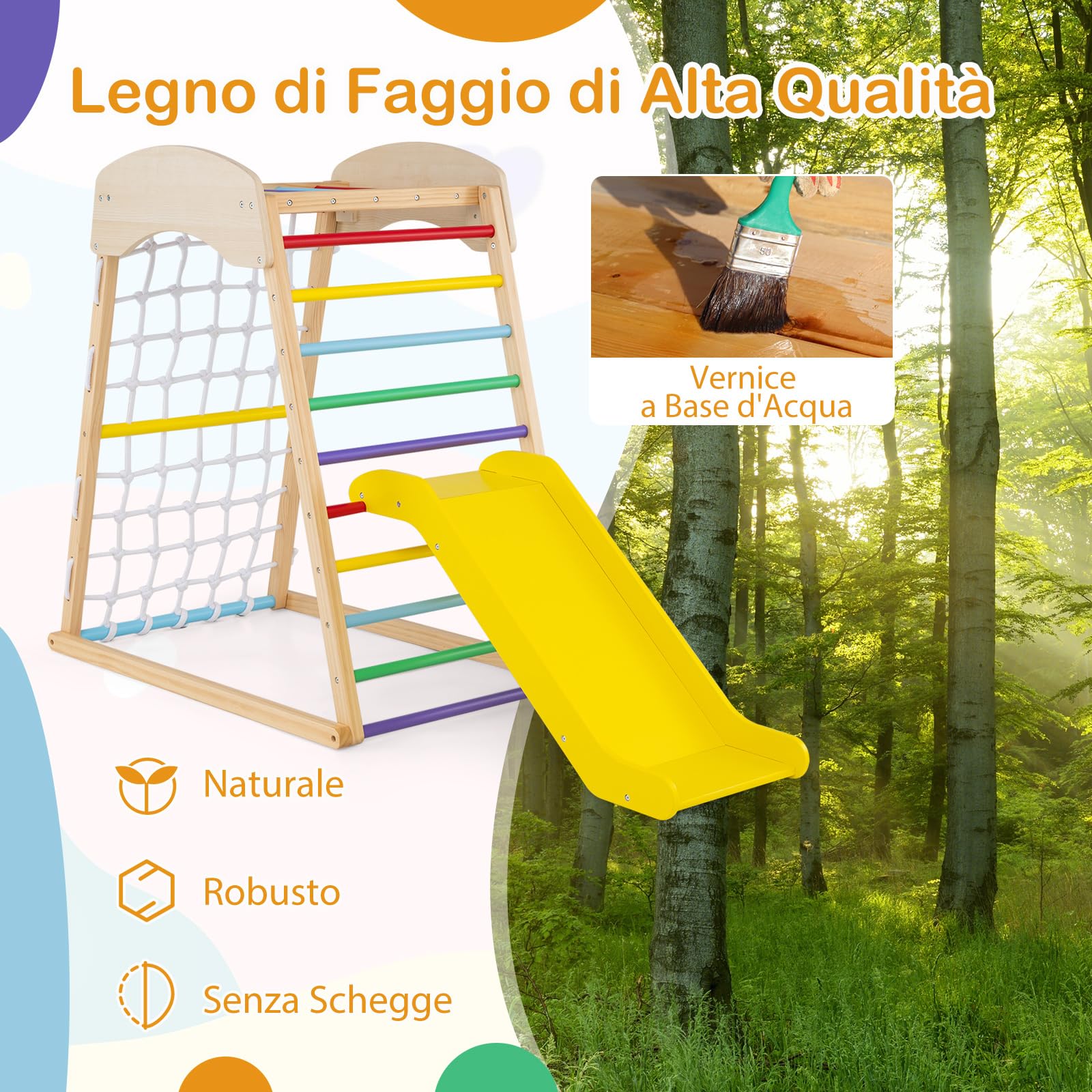 COSTWAY Set Arrampicata 4 in 1, Parco Giochi Interno in Legno con Sbarre Rete da Arrampicata e Scala da Arrampicata, per Bambini 1 Anno+ (colorato)