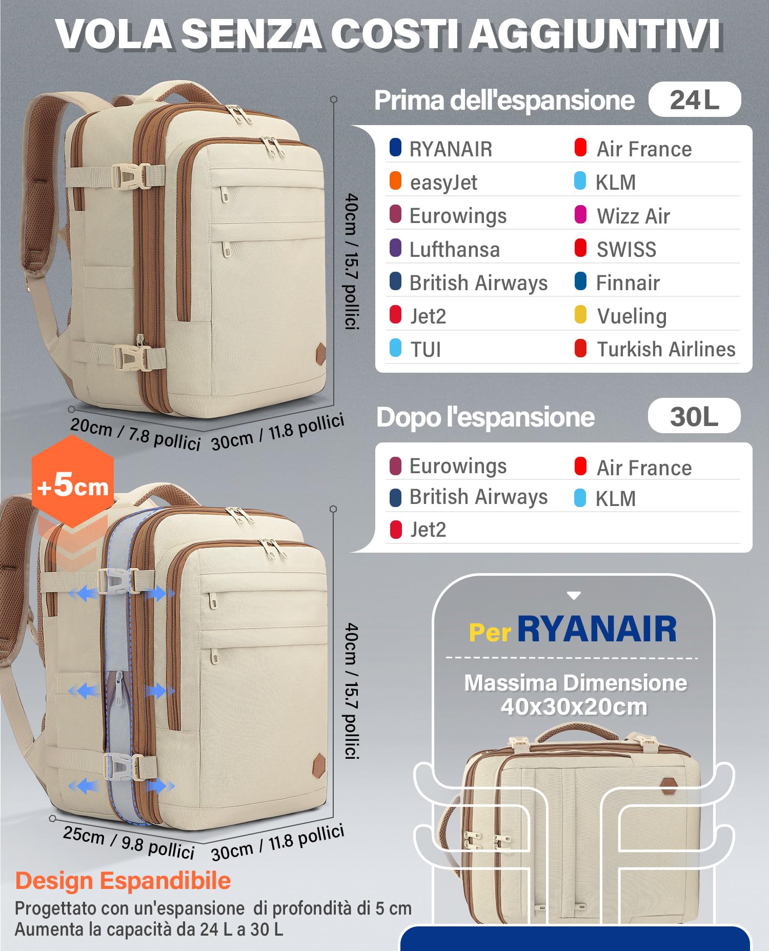 VANKEV Zaino da Viaggio Aereo per Ryanair EasyJet Eurowings Wizz Air Espandibile 40x30x20 a 40x30x25, 24L a 30L, Bagaglio a Mano Per Viaggi Adatta a Laptop da 15,6 Pollici beige