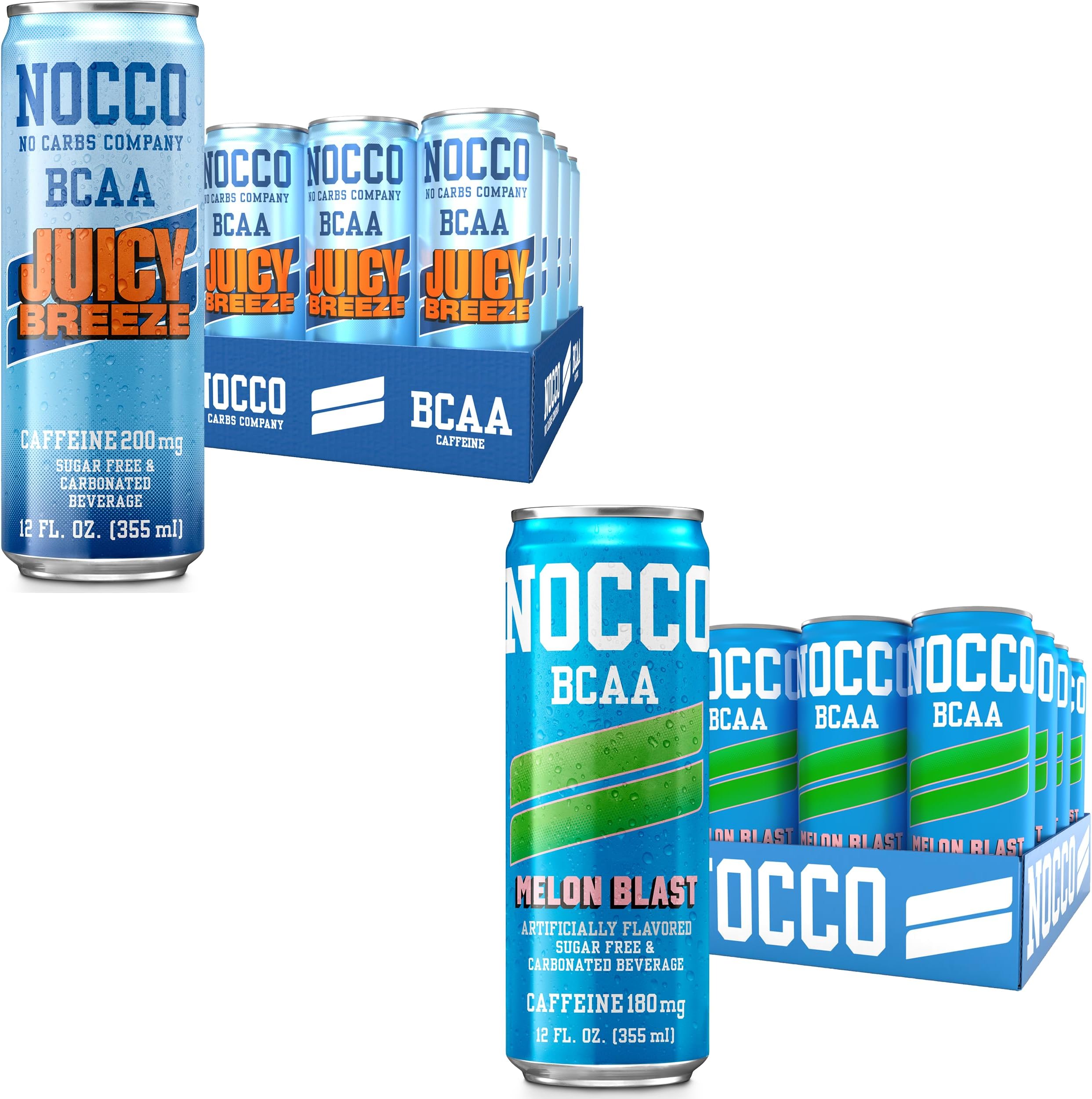 NOCCOBCAA Energy Drink 24 Pack Juicy Breeze & Melon Blast - 12 Count (Pack of 24) - 180-200mg of Caffeine Sugar Free Energy Drinks - Carbonated, BCAAs, Vitamin B6, B12, & Biotin - Performance Drink