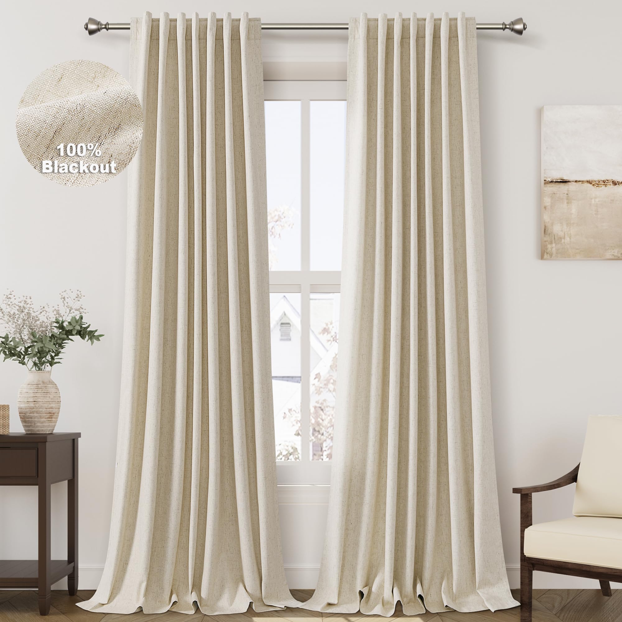 Beige Linen 100% Blackout Curtains for Bedroom 105 Inches Long Back Tab Thermal Insulated Rustic Country Farmhouse Decor Black Out Curtain for Living