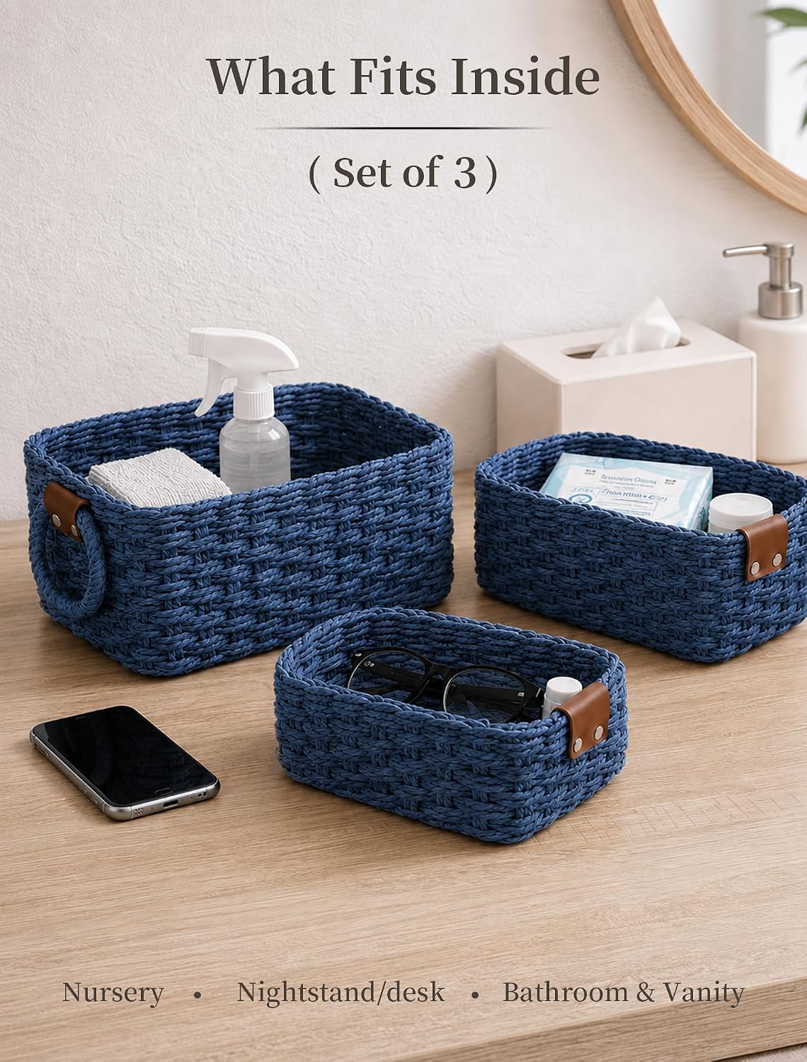 Small Wicker Baskets, 3 PCS Paper Rope Baskets for Shelves, Blue image 3