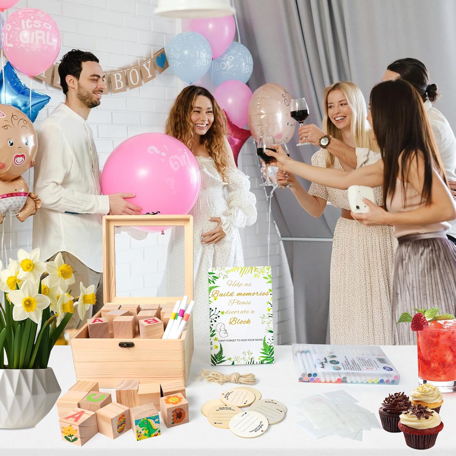 144 Pcs Baby Shower Game Sign Kit, Baby Shower Blocks Games Sets, Includes 50 DIY Blank Wooden Blocks, 41 Stencils, 36 Paint Markers, 15 Advice Cards, 1 Storage Box and 1 Wooden Sign