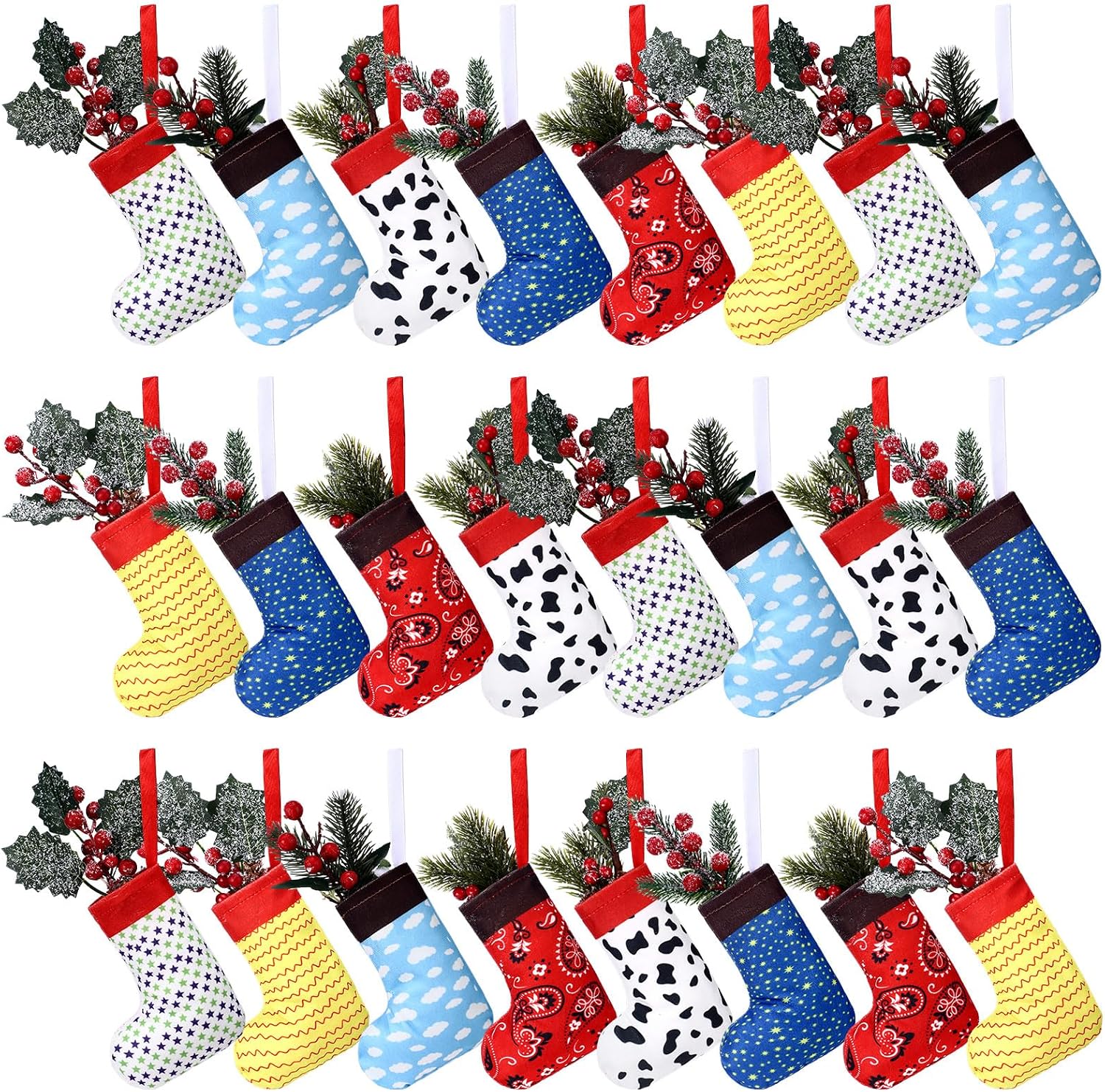 Realspring 24 Pack Mini Christmas Stockings 6 Inch Story Cow Cloud Print | Cartoon Story Themed Decor, Tree Hanging Ornaments, Gift Holders for Treats Candy, Fireplace Mantle Holiday Party Decor