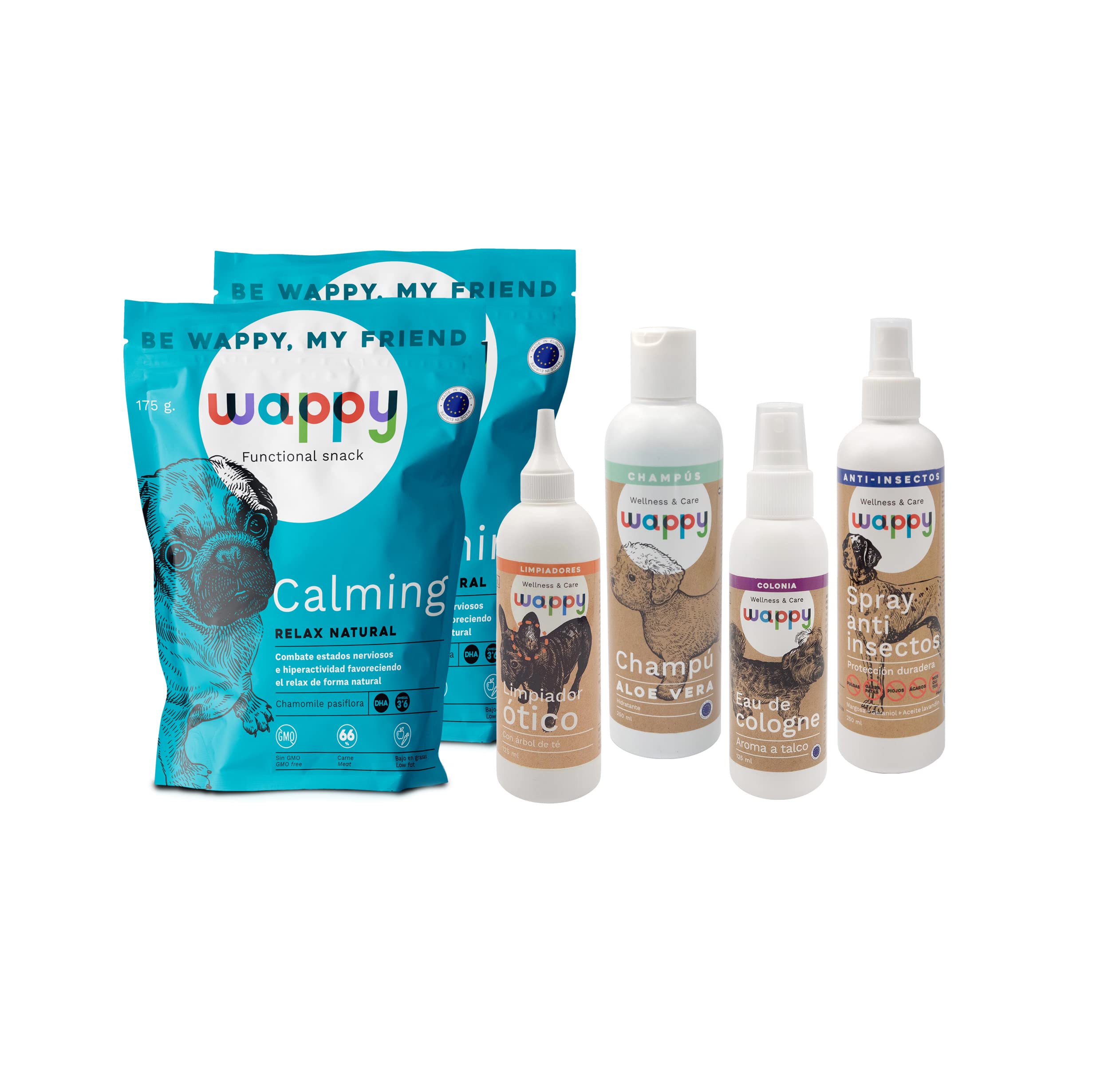wappy - Pack Relax | 6 Productos para el Relax de tu Perro | 2 Bolsas de Snacks Calming, 1 Champú de Aloe, 1 Colonia de Talco, 1 Limpiador Ótico y 1 Spray Anti-Insectos | Cuida a Tu Canino