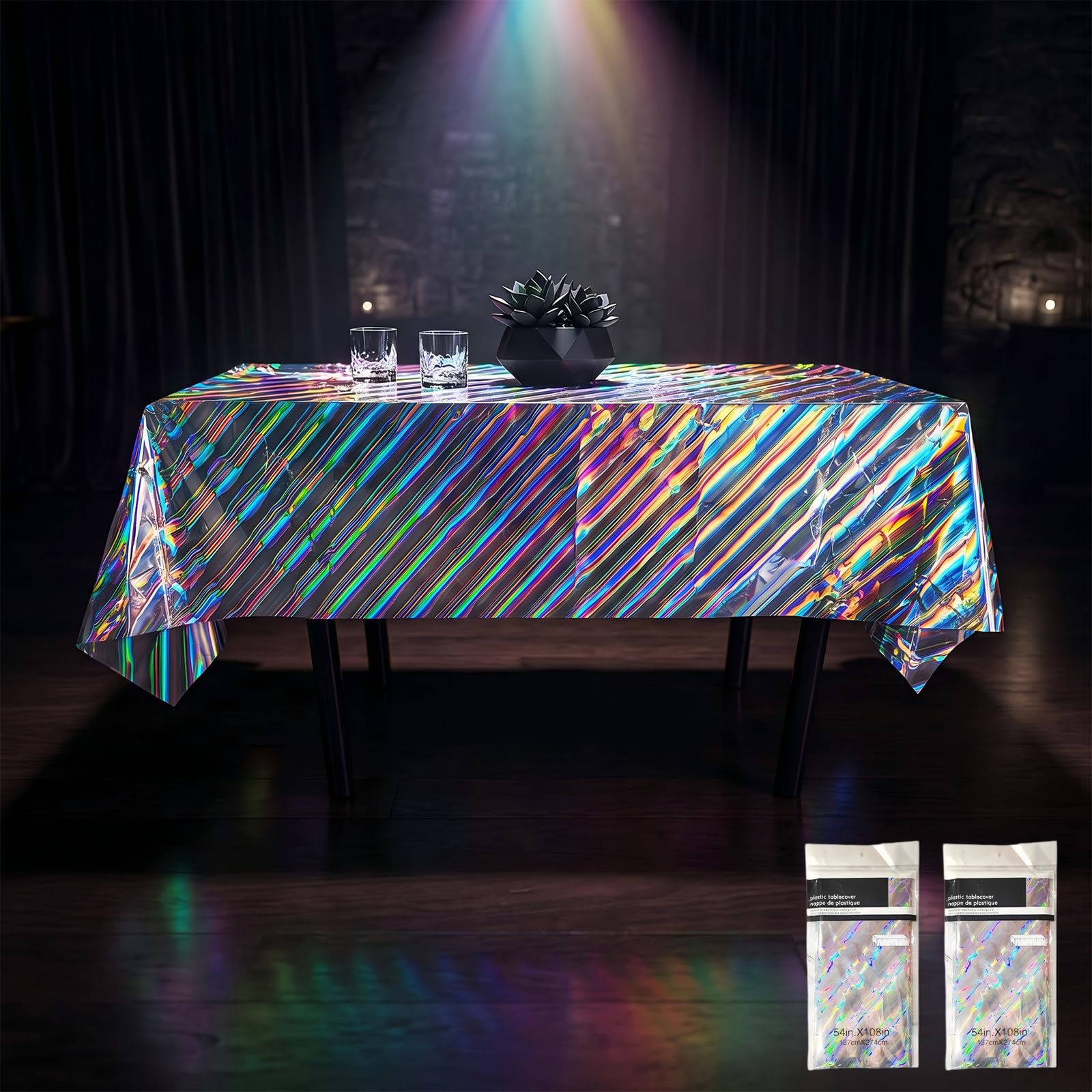 RETWOT 2-Pack Holographic Table Covers for Parties - Disco Themed Reflective Tablecloth (54x72 Inch) Waterproof & Wrinkle-Resistant for Adult Celebrations, Silver & Color Options