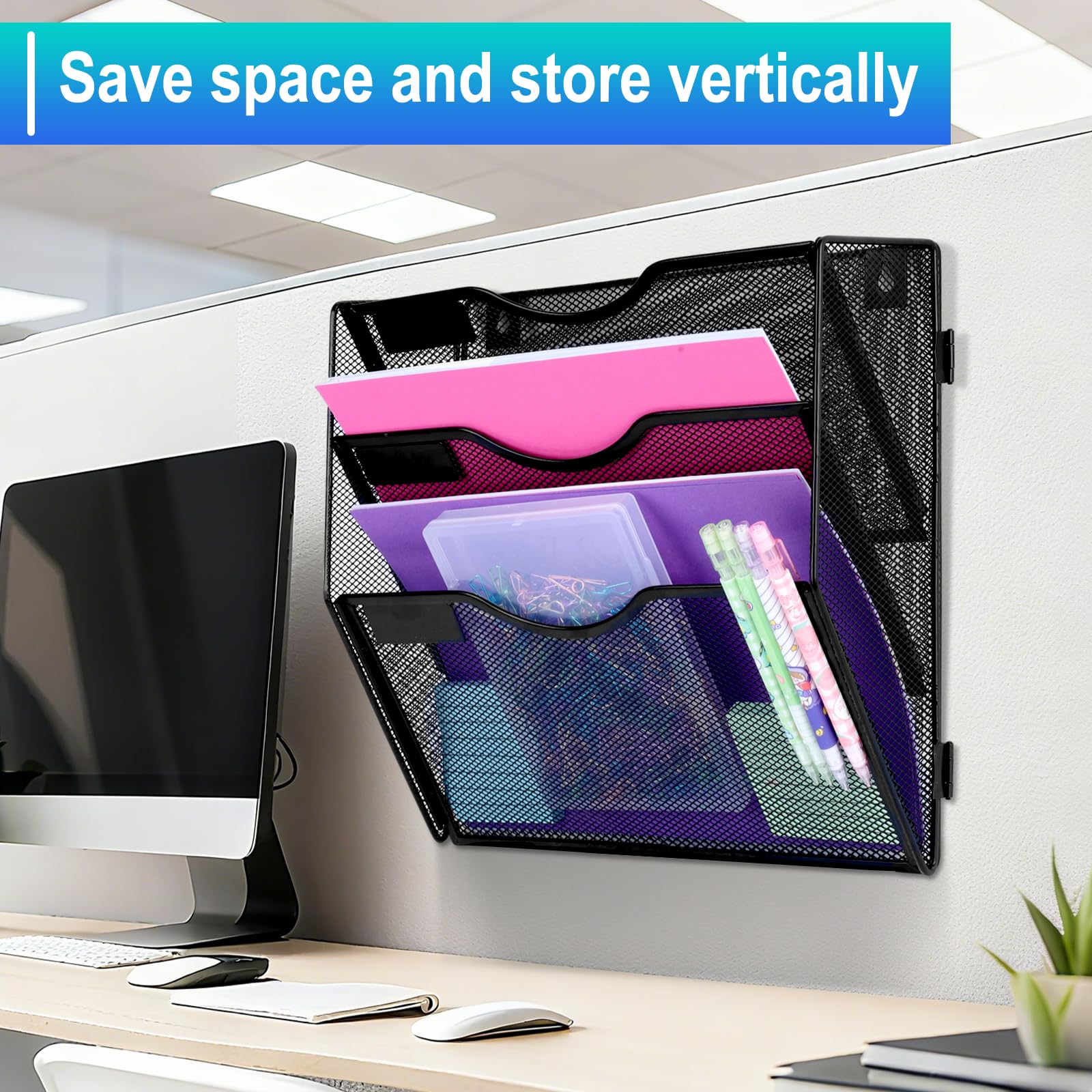 Organizador de archivos de pared de malla A4 de 3 niveles, soporte para documentos y revistas, negro