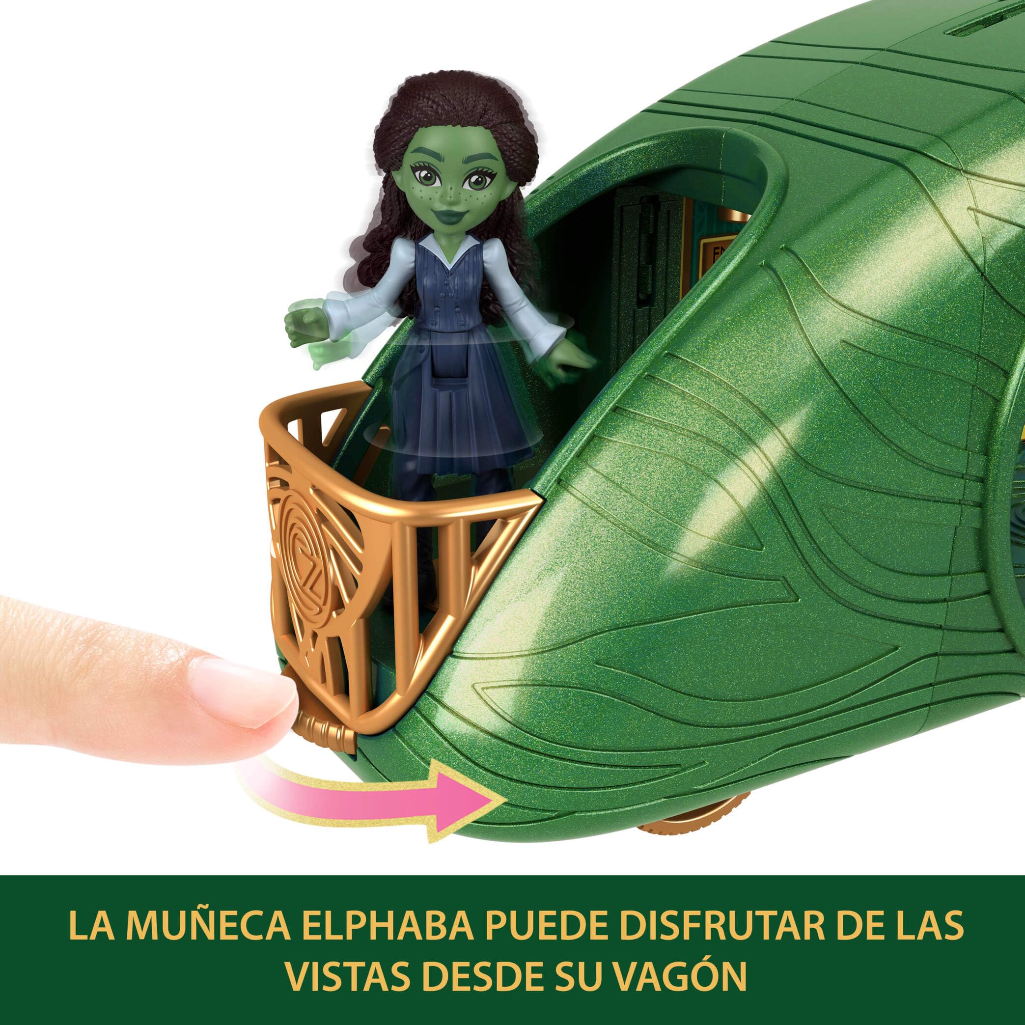 Mattel Universal Pictures Wicked Tren a Ciudad Esmeralda, Conjunto de Juego con muñeca pequeña de Elphaba, 3 Espacios de Juego y 14 Accesorios inspirados en la película, JKM07 | Elphaba muñeca pequeña, 3 zonas de juego y 14 accesorios, inspirada en la pel
