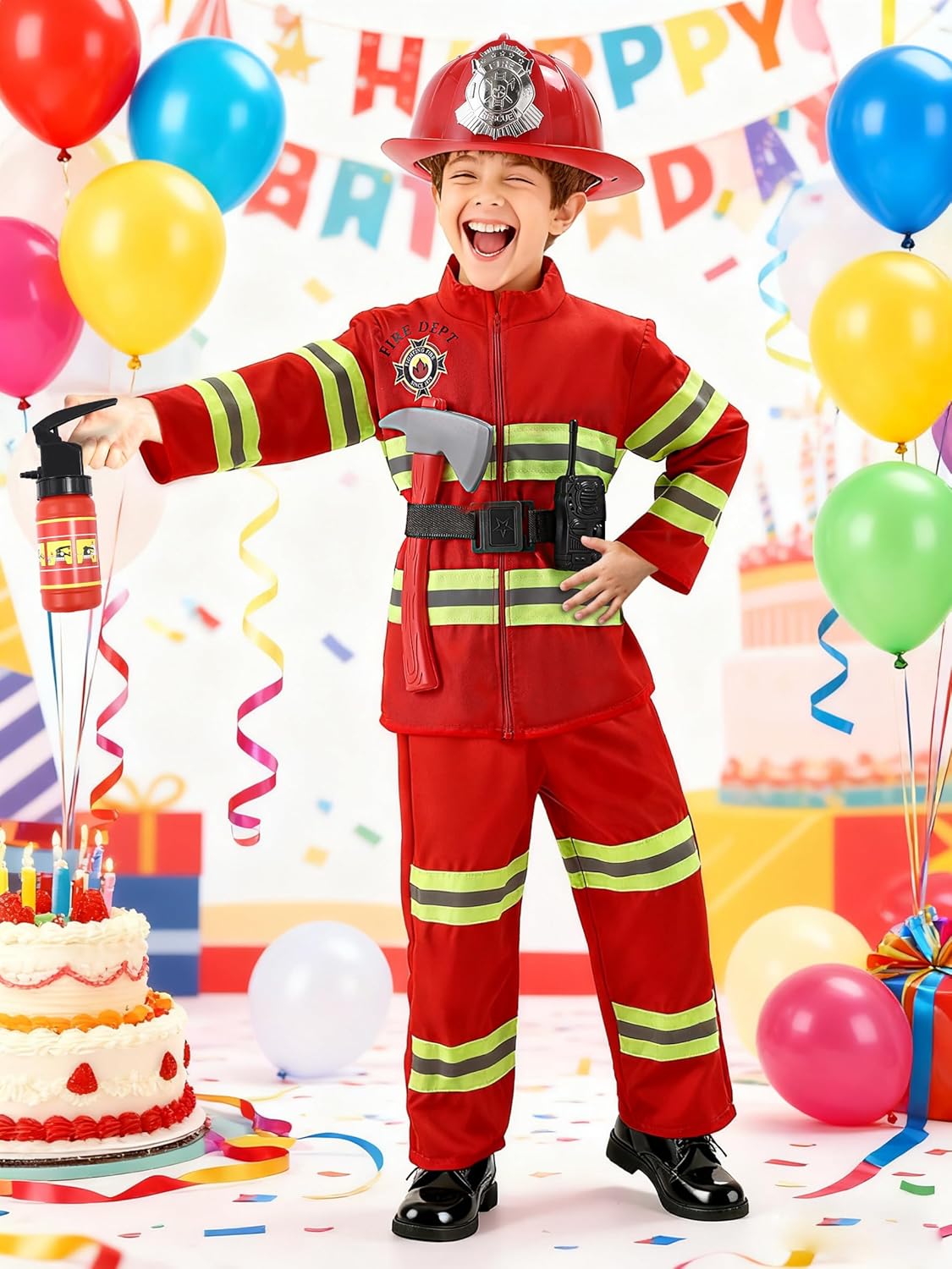 Fireman Costume for Kids with Toys Accessories, Boys Firefighter Birthday Halloween Party Dress Up Role Play