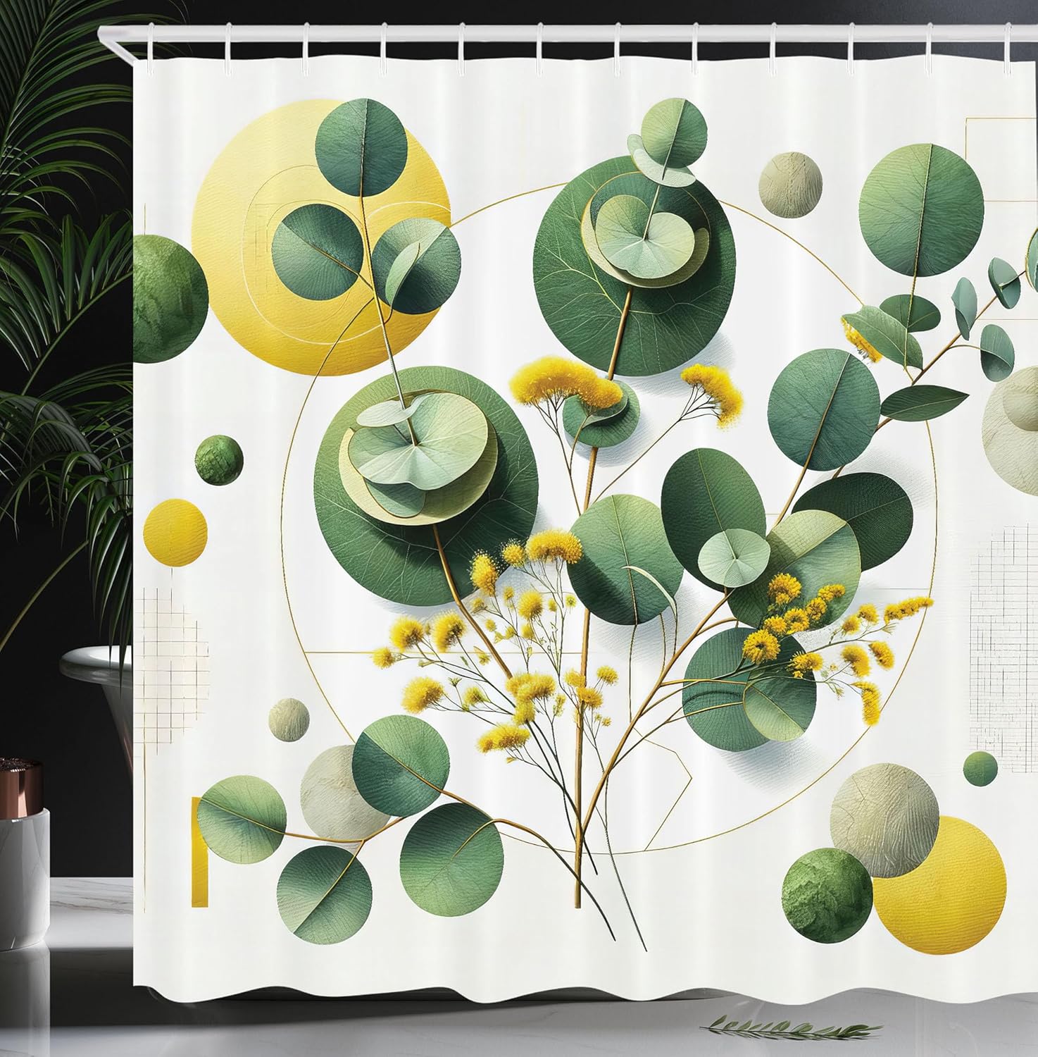 Ambesonne Eucalyptus Leaves Shower Curtain, Leaf Design in Mid Century Modern Boho Geometric Details, Cloth Fabric Bathroom Decor Set with Hooks, 69" W x 70" L, Fern Green Yellow and White