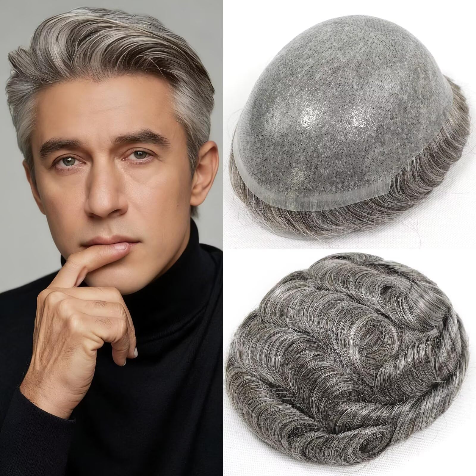 Photo 1 of Thin Skin Toupee for Men Human Hair Replacement System Piece 0.06mm PU Men's Hairpiece Male Hair Prosthesis Single Knot with V Loop Front Natural Hairline 10x8 Inch #5 Medium Light Brown with 60% Grey