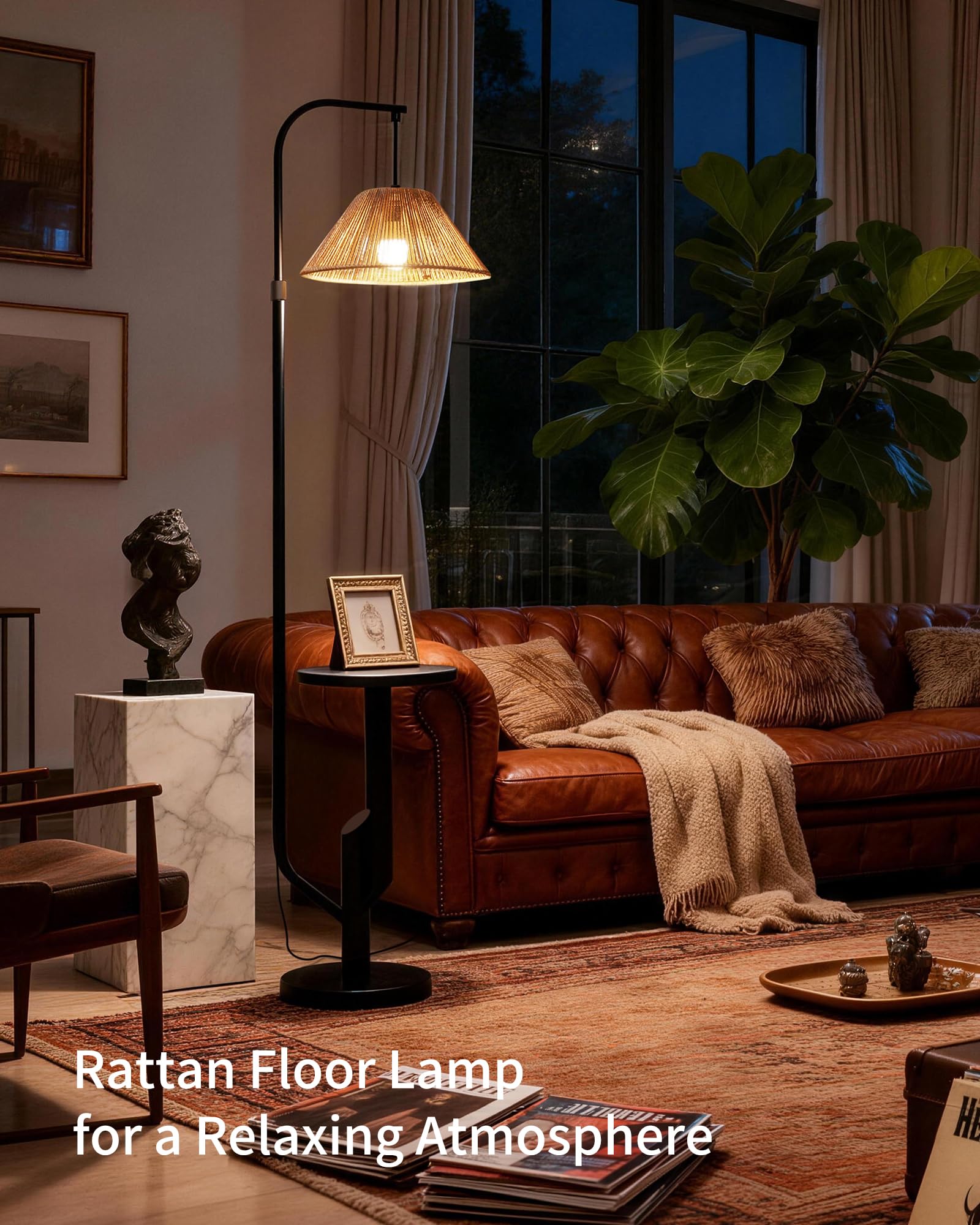 Stehlampe Wohnzimmer Rattan mit Ablage – Boho Stehleuchte E27 mit gewebtem Lampenschirm, 3 Farbtemperaturen einstellbar per Fußschalter, 175cm hoch für Schlafzimmer WOVI FL15