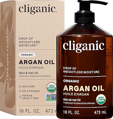Cliganic Organic Argan Oil 16oz with Pump, 100% Pure | Bulk for Hair, Face & Skin (Packaging May Vary)