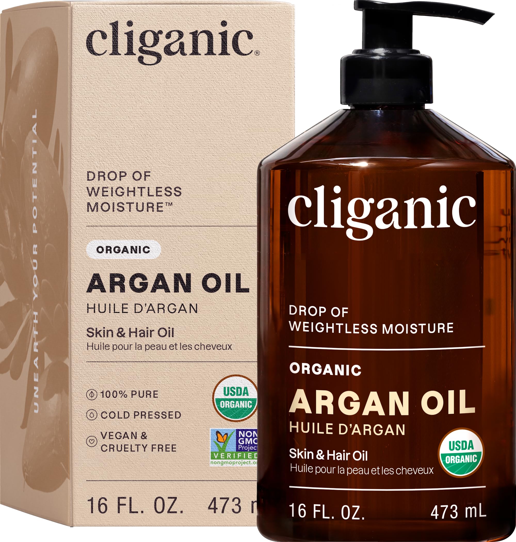 Organic Argan Oil, 100% Pure (473ml) | Moroccan Argan Oil for Hair, Face & Skin | Natural Cold Pressed Carrier Oil - Certified Organic | Cliganic 90 Days Warranty