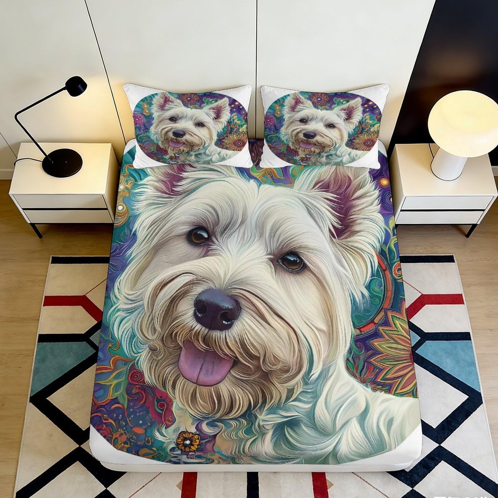 Pnayamiorkfel Style-10 3D Printed White Terrier Dog Fitted Sheet Microfiber Soft Decorative Colorful Bed Cover For Bedroom Guest Room 90X200x25cm
