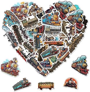 50 Pack Pcs Vintage Train Stickers for Water Bottles Waterproof Vinyl Laptop Luggage Scrapbooking Transportation Sticker Packs Bulk Set Adults Teens Boys Aesthetic Small Decals