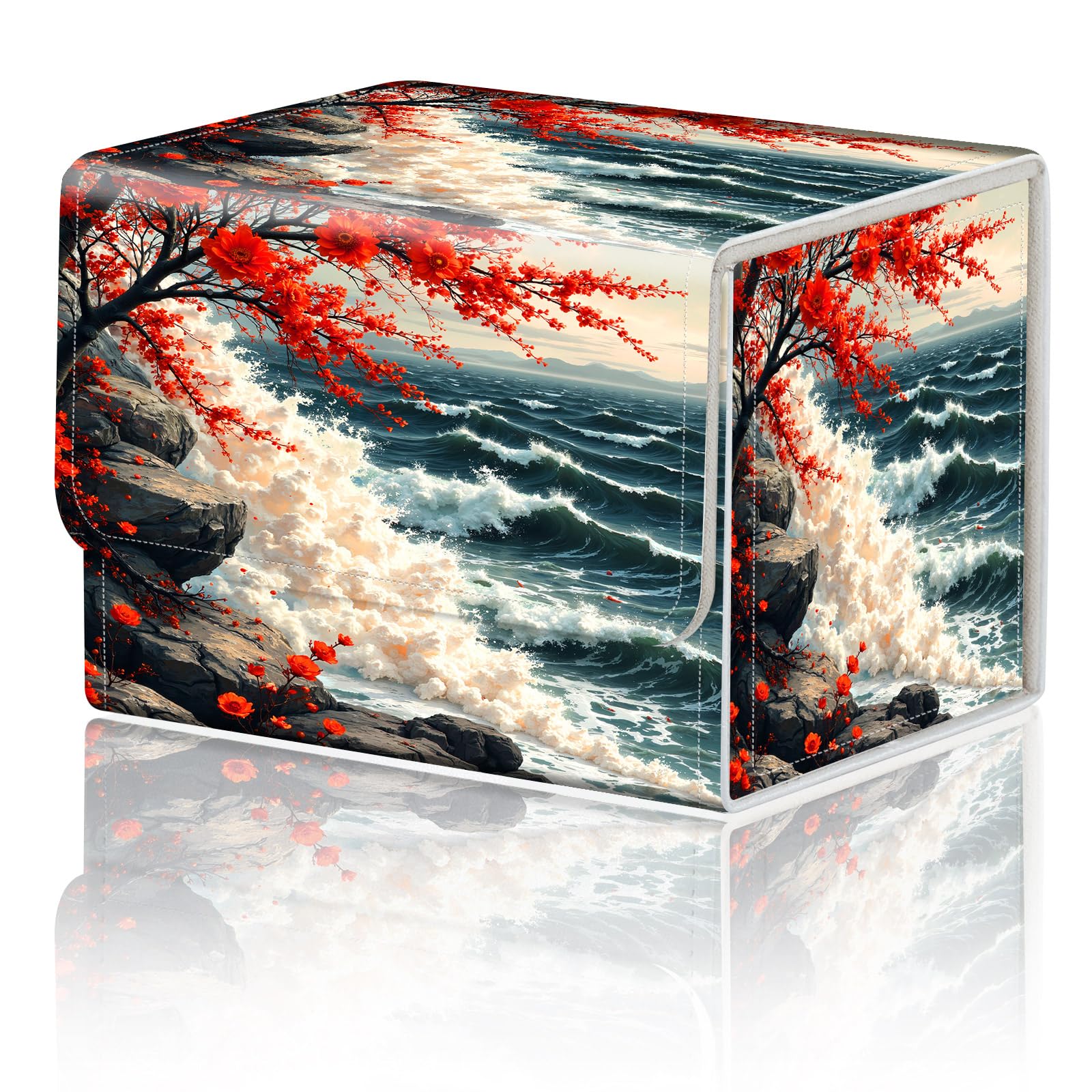 Card Game Storage Box for TCG Deck Box MTG Card Box Organizer Trading Card Case Commander Deck Box TCG Card Storage Box Magnetic Closure Creative Pattern Up to 200 Cards, Red Plum Blossom Blue Waves โ image 1
