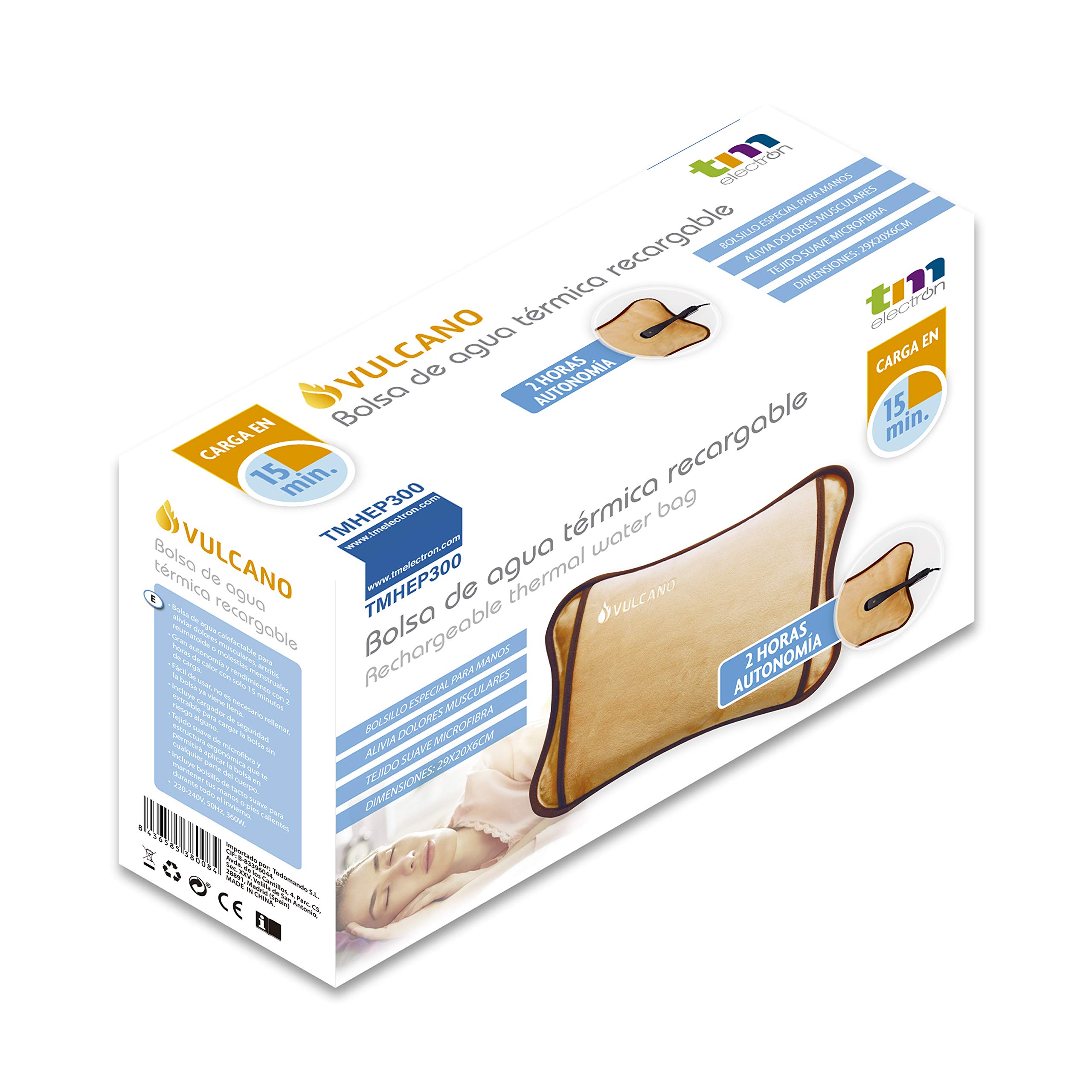 TM Electron Vulcano Sac d'eau thermique rechargeable en 5 minutes pour 2 heures d'utilisation avec revêtement doux en microfibre pour apaiser les douleurs musculaires, marron, 29 x 20 x 6 cm