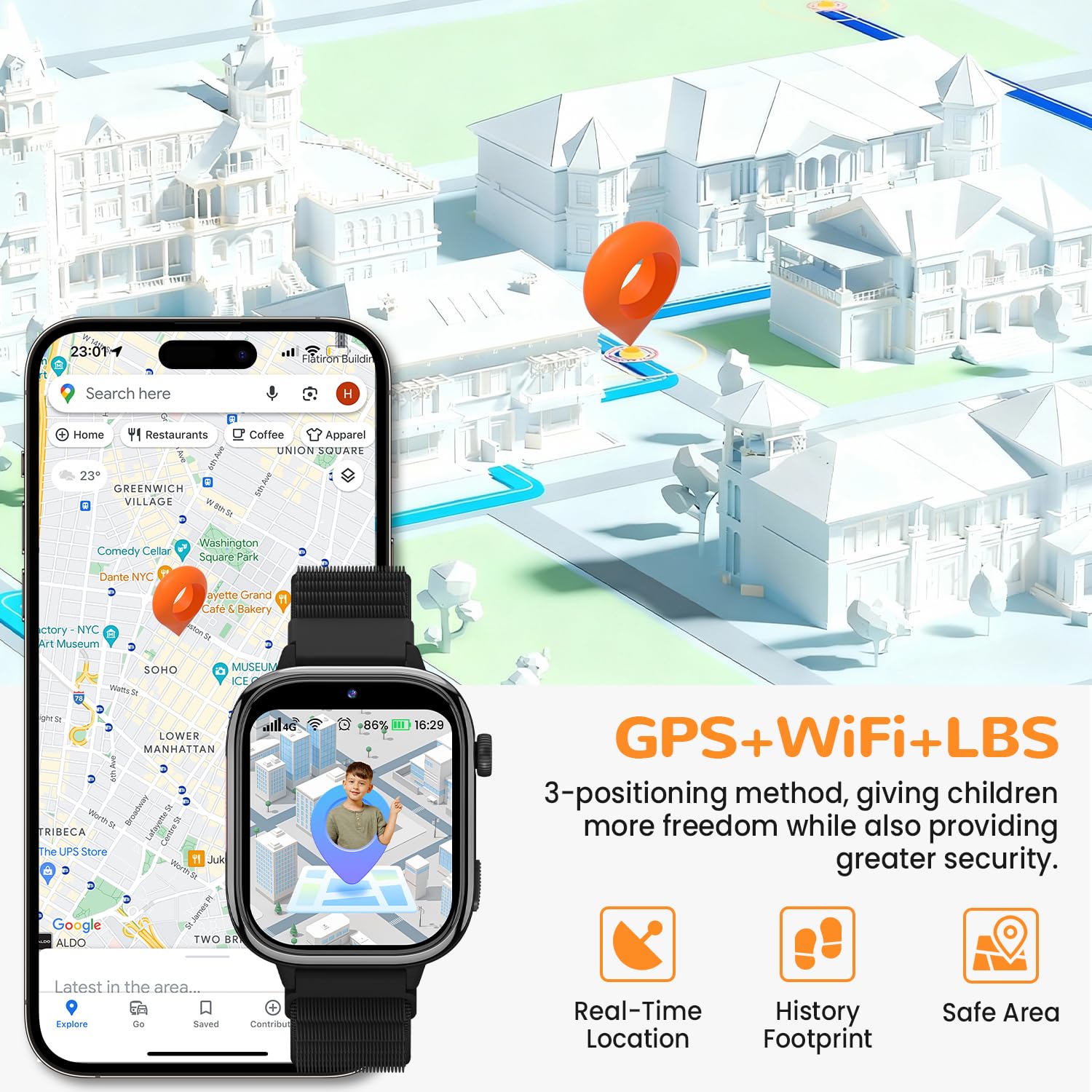 RUXINGX Montre Connectée Enfant avec GPS et Telephone Smartwatch 4G (Noir) | Appel Vidéo, Appel, SOS, Mode Classe, Podomètre, Appareil Photo, IP68 Étanche, Cadeau pour Garçons Filles