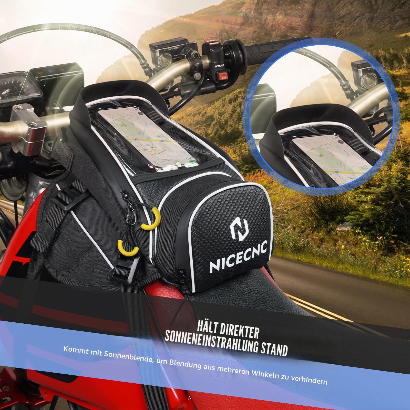 NICECNC Motorrad-Tankrucksack mit Magnetbefestigung, 6 Magneten und 5 verstärkten Riemen, Abnehmbarer Rutschfester Boden, tragbar, Tankrucksack für Dirtbikes, schwarz