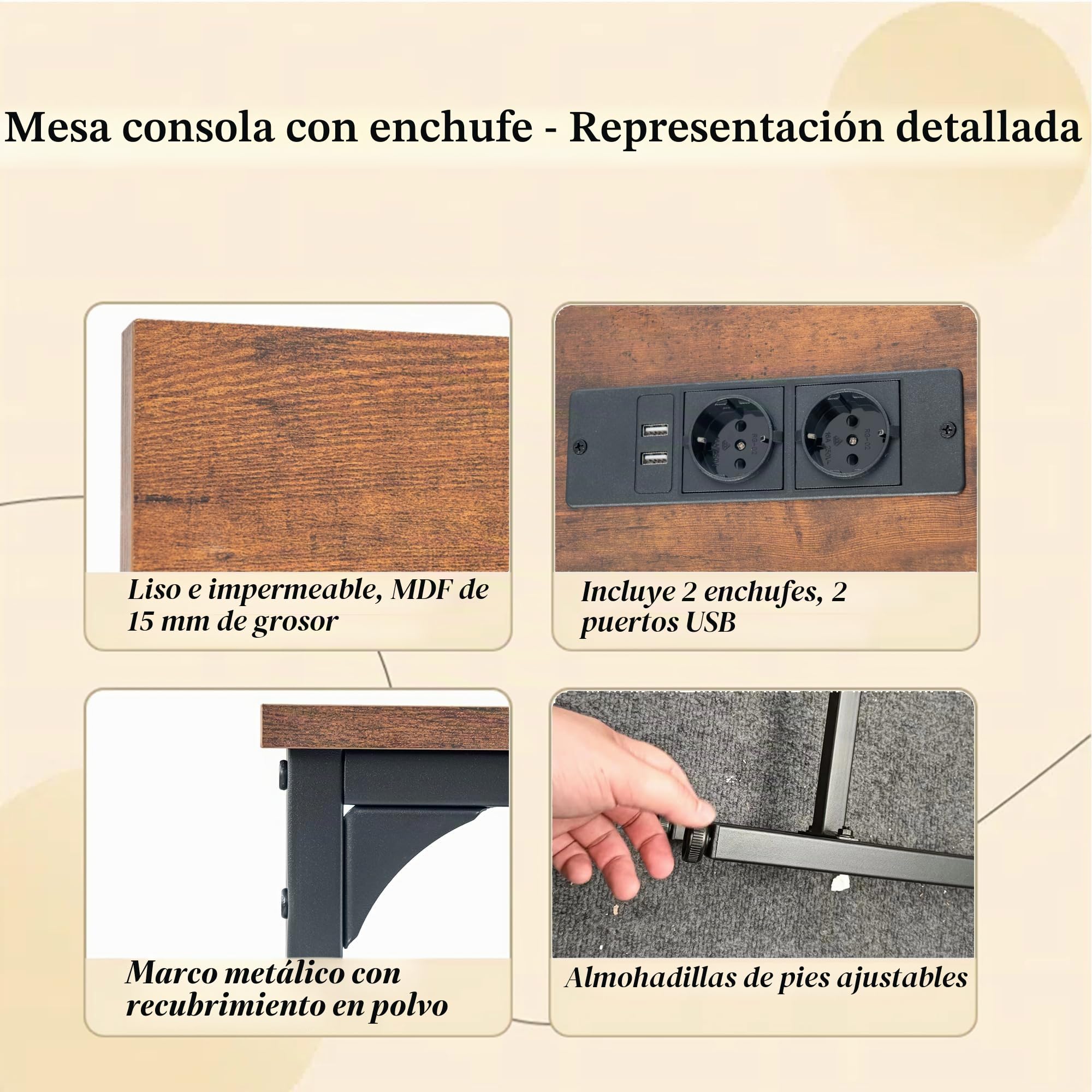 Mesa Consola Recibidor Entrada con Toma 180 cm A.(Marrón&Negro/1 Pieza) | 20 cm de Fondo Mesa Auxiliar para Recibidor Terraza Balcón Sala de Estar Marrón y Negro(180x20x80 cm)