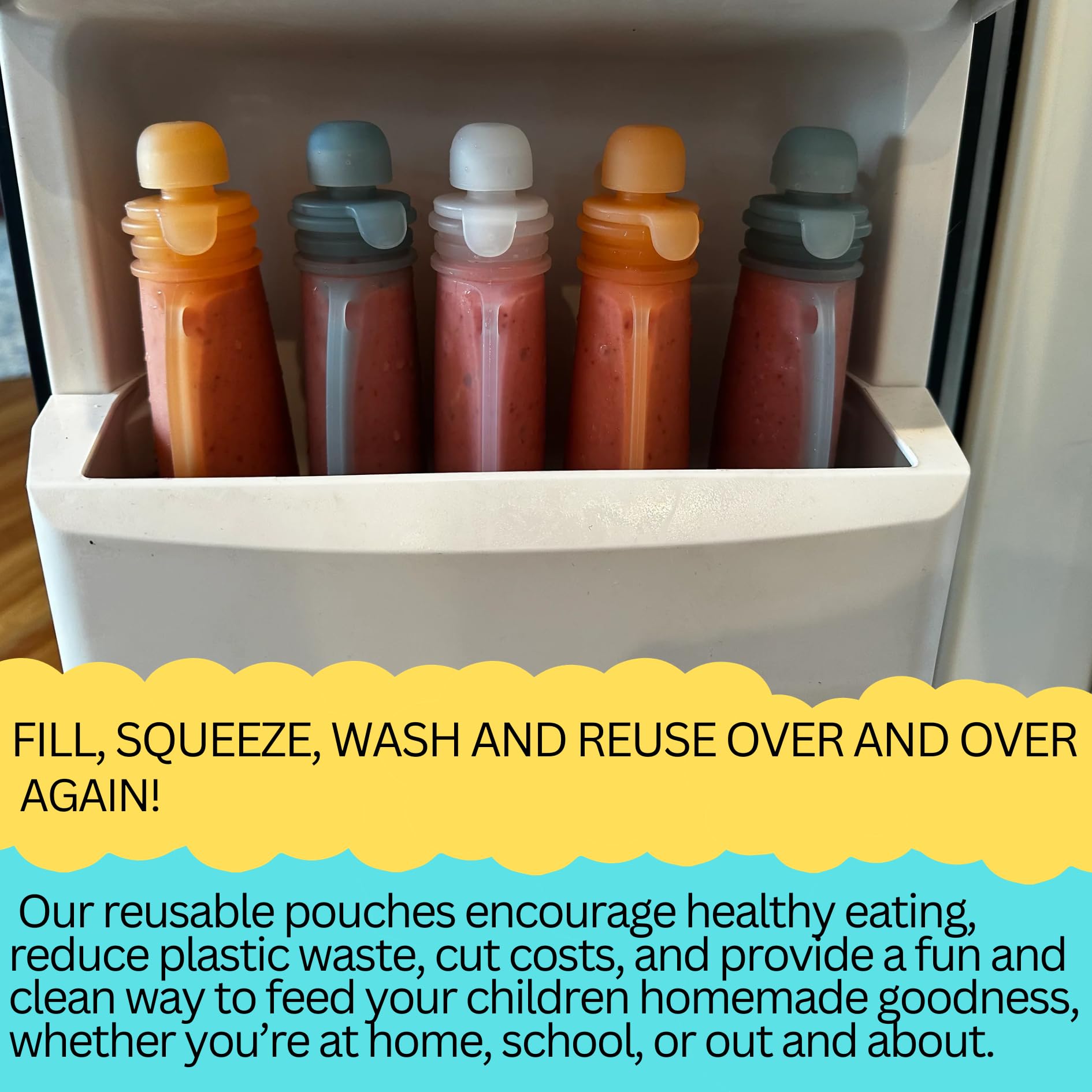 Reusable Silicone Food Pouch for Baby and Toddlers, Squeezable Pouch, Squeeze Pouch, Easy Clean Silicone Pouch for Pre-K and School, Homemade Baby Food Storage, 4oz (Blue-Orange-2 Pack)