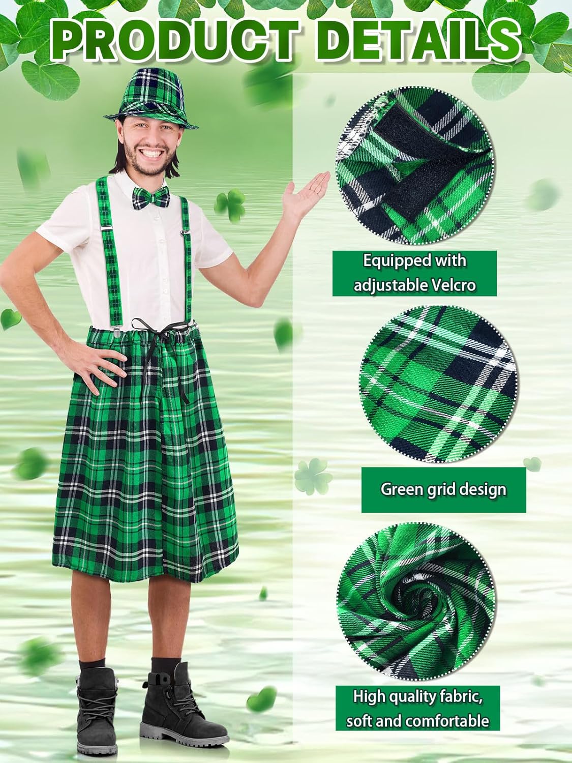 Jansun 4 Pieces St. Patrick's Day Costume Accessories Set Irish Plaid Green Kilt Scottish Tam Bow tie Suspender Set - Image 5