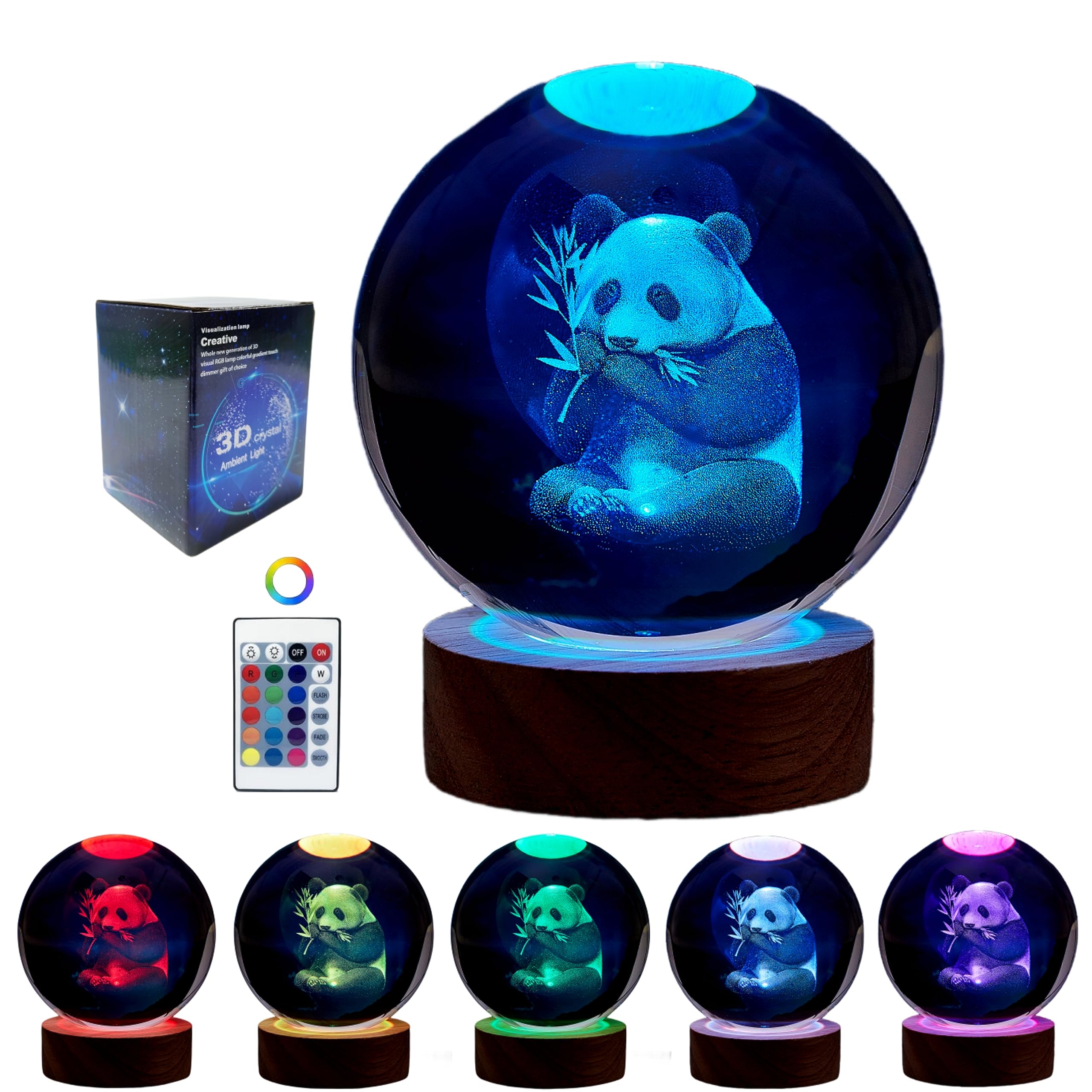 3D Panda Crystal Ball lamp,3.15 inch Glass Ball Light,16 Colors Change with Remote Control,Panda lamp with Wooden Base,Panda Light Gift (Panda)