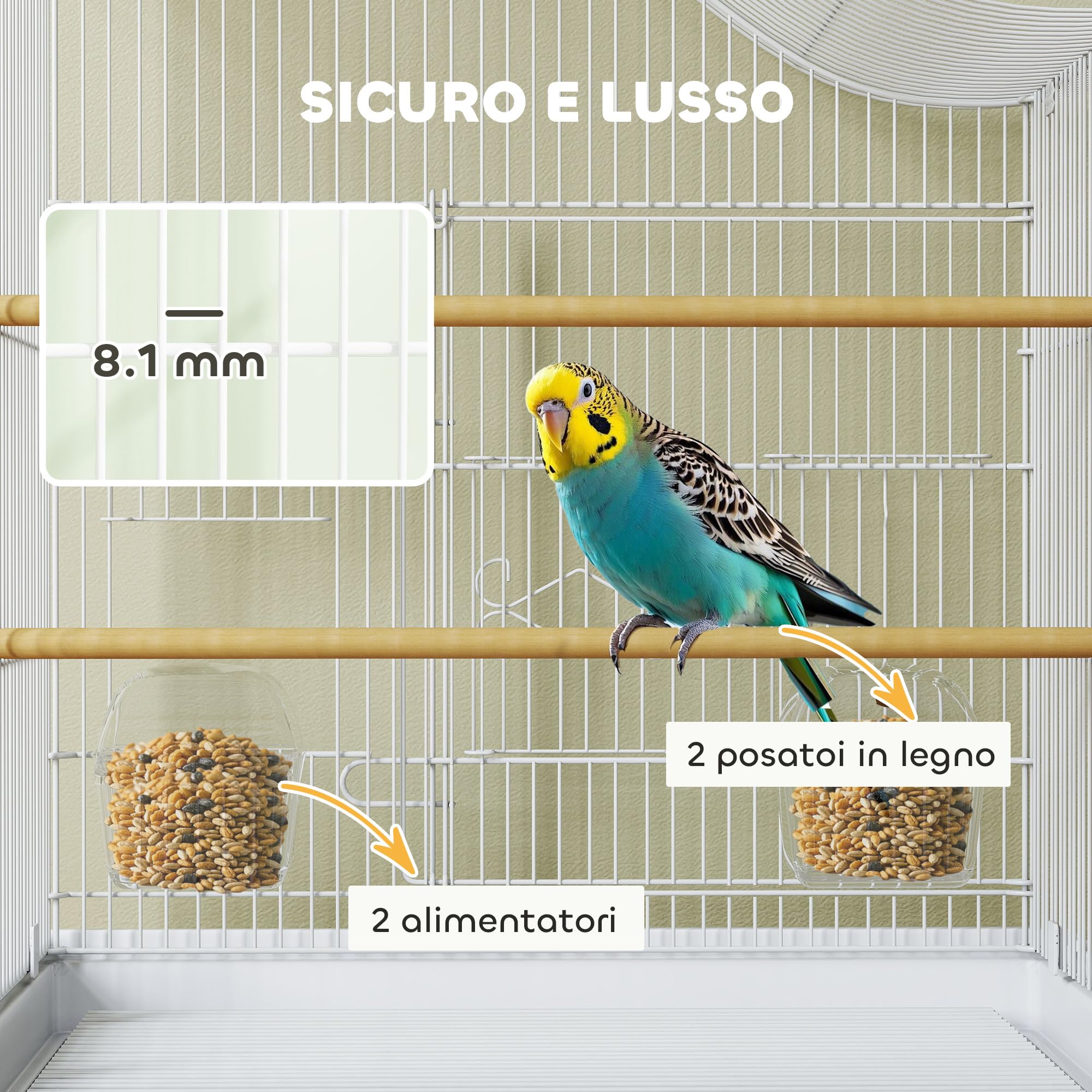 PawHut Gabbietta per Uccelli a 4 Ingressi con 2 Ciotole, 2 Posatoi e Vassoio Estraibile, Voliera in Metallo e Plastica, 47.5x36x54.5 cm, Bianco