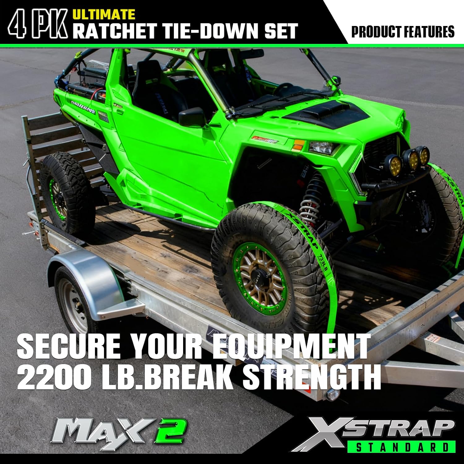 XSTRAP 1" x 15ft Motorcycle Tie Down 4-PK Ratchet Straps Set | 4 Pack Soft Loop, 2,200lb Break Strength Cargo Straps for Moving Appliances, Lawn Equipment, Trucks (Green)