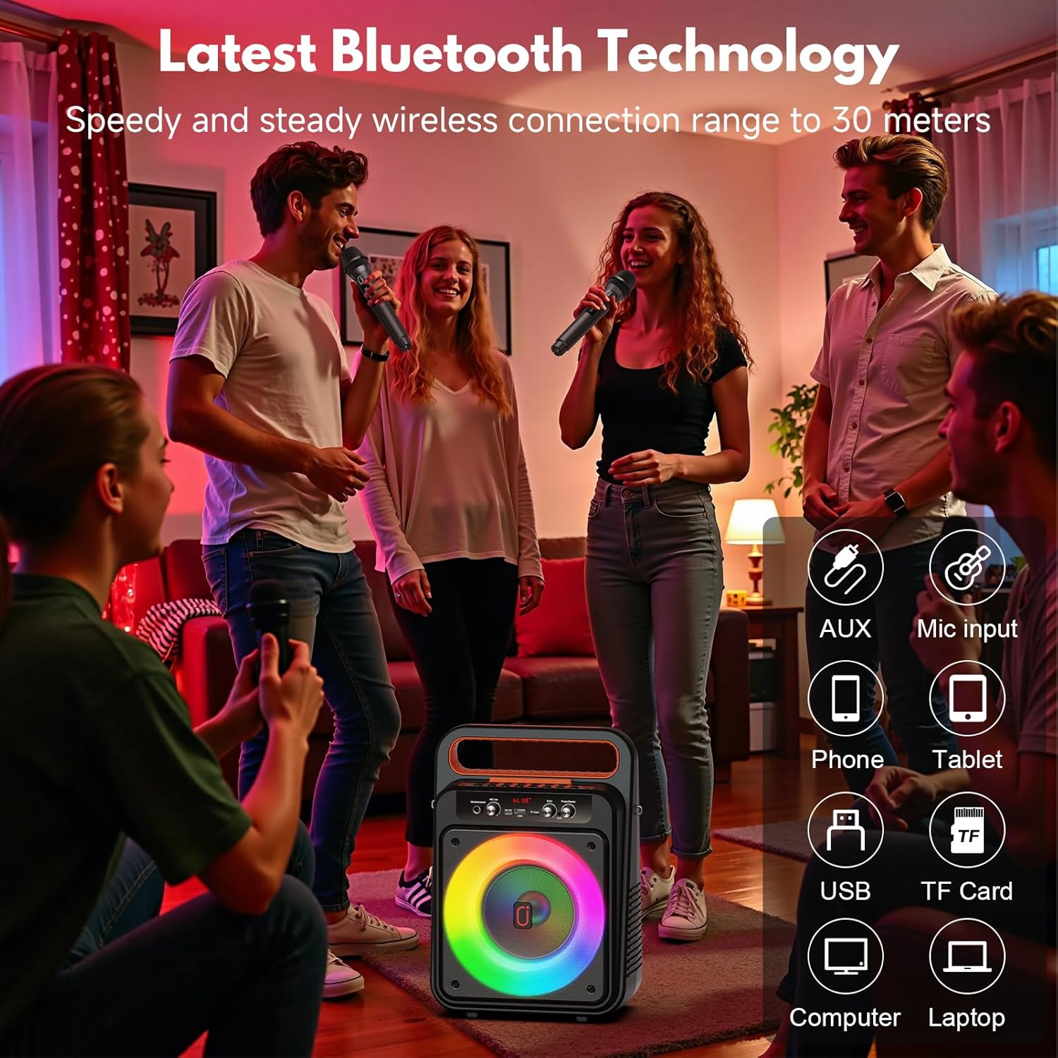 JYX Karaoke Machine with 2 Wireless Microphones, Portable Bluetooth Karaoke Speaker for Adults, PA System Speaker with LED Lights Support REC/USB/AUX/TF for Outdoors Home Party (MS79) - Image 3