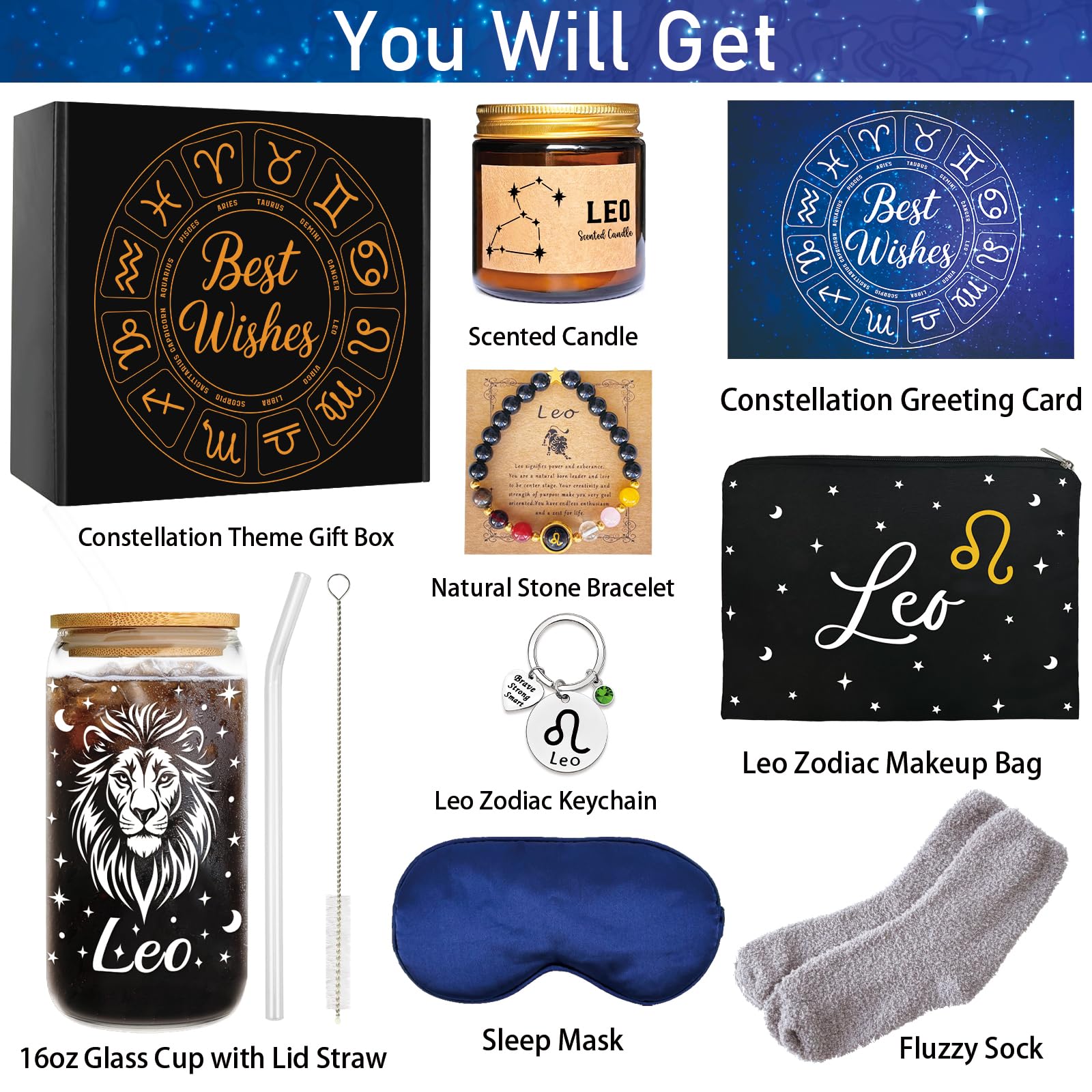 Leo - Regalos de cumpleaños para mujer, juego de taza de cristal del zodiaco para ella, cesta de astrología para mamá y hermana, caja de constelación para amiga, cesta de agradecimiento para jefe