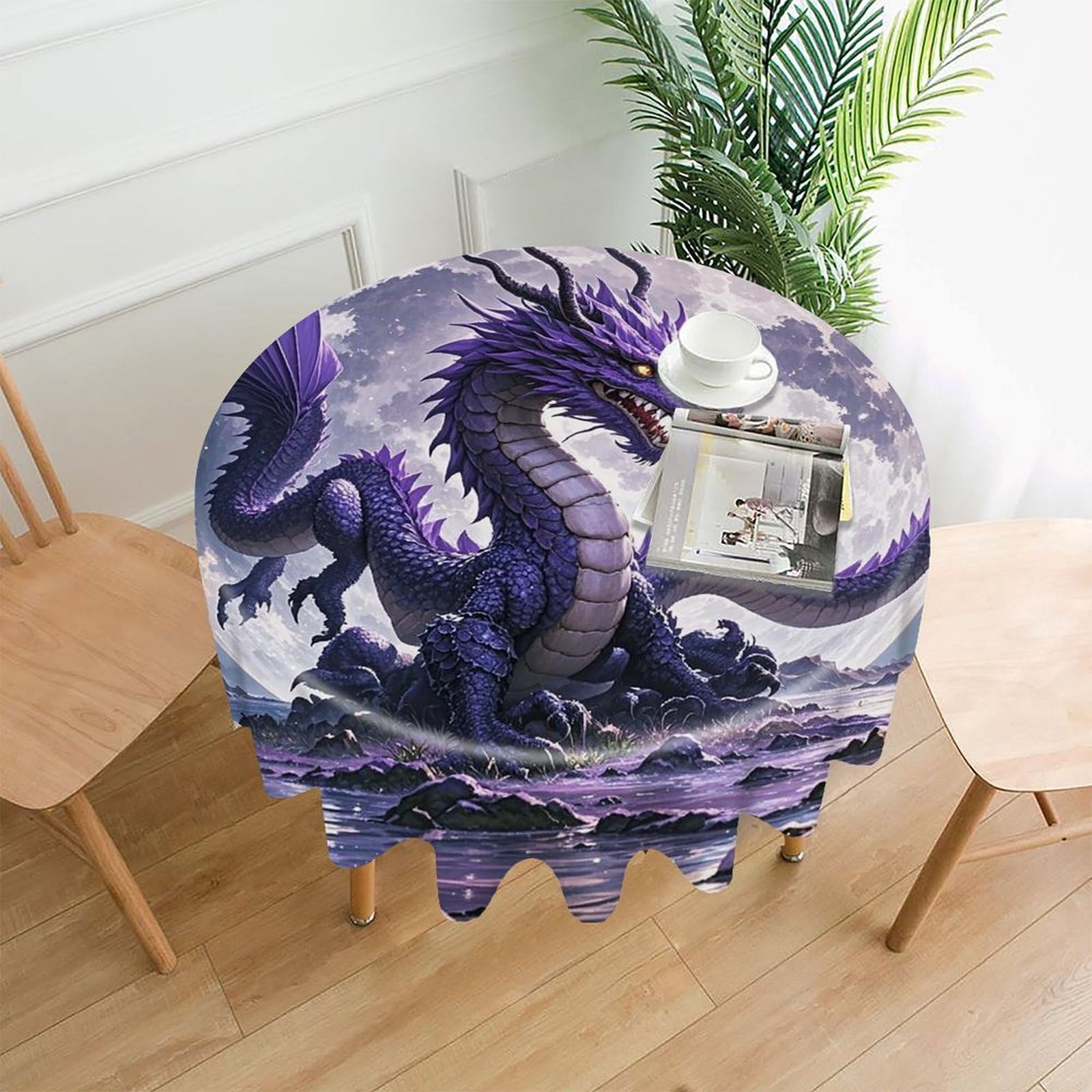 VstaDank Purple Dragon Purple Moon Tablecloth Easy to Clean Polyester Round Table Cover Washable Round Table Cloth Wrinkle-Free Circle Decoration Tablecloth for Kitchen Dining Room 60"