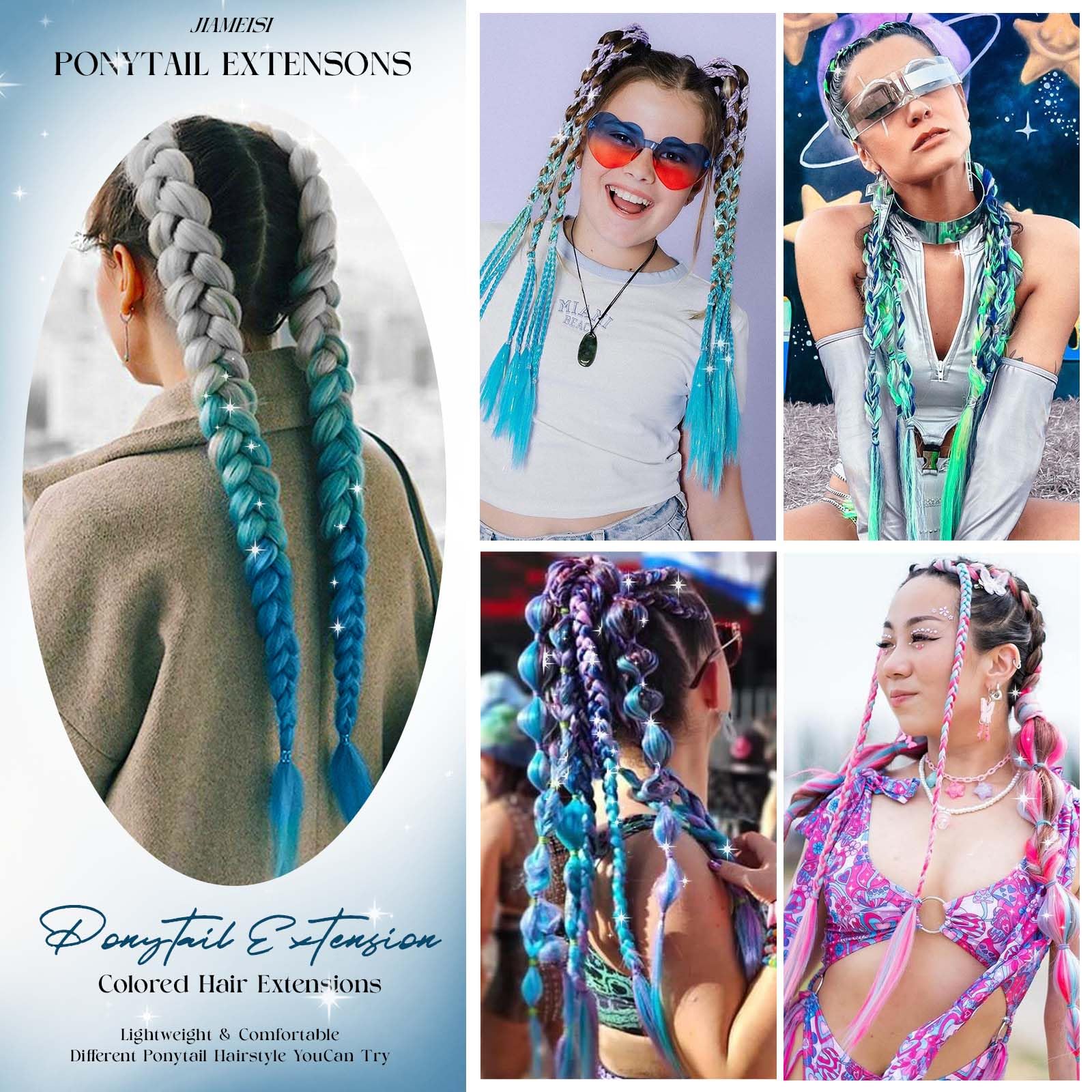 Rainbow Ponytail Extensions with Hair Tie 1 Packs 100g Coloured Ponytail for Braiding 26 inch Colorful Mermaid Extensions Synthetic Gradient Silver Light Blue Deep Sea Blue for Women - Image 2
