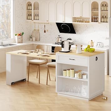 RUNNA Kitchen Island with Extendable Dining Table for 4-6 Person,Two-Tone KitchenTable, Power Outlet, Kitchen Island with Storage 2 Drawers 2 Side Open Shelves White Oak010