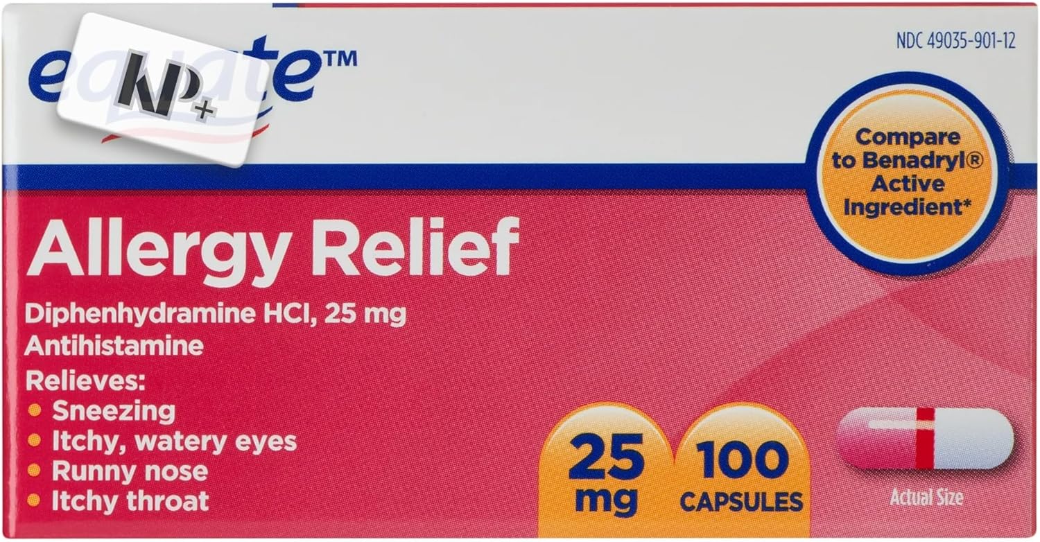 KP+ Allergy Relief Diphenhydramine HCl 25 mg | Antihistamine Allergy Medicine | 100 Capsules | for Sneezing, Runny Nose, Itchy Eyes & Throat Relief | Pack of 2