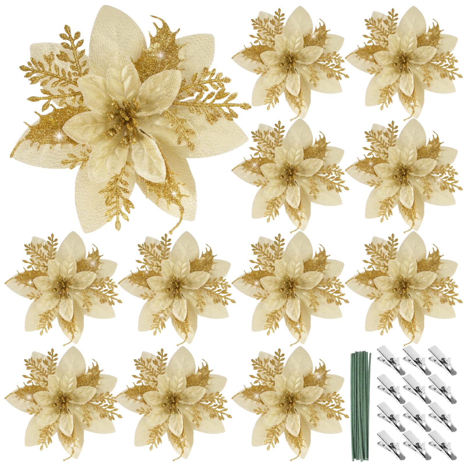 BOFUNX 12pcs Flores Navideñas Flores de Pascua Artificiales Adornos Decoración para Árbol de Navidad