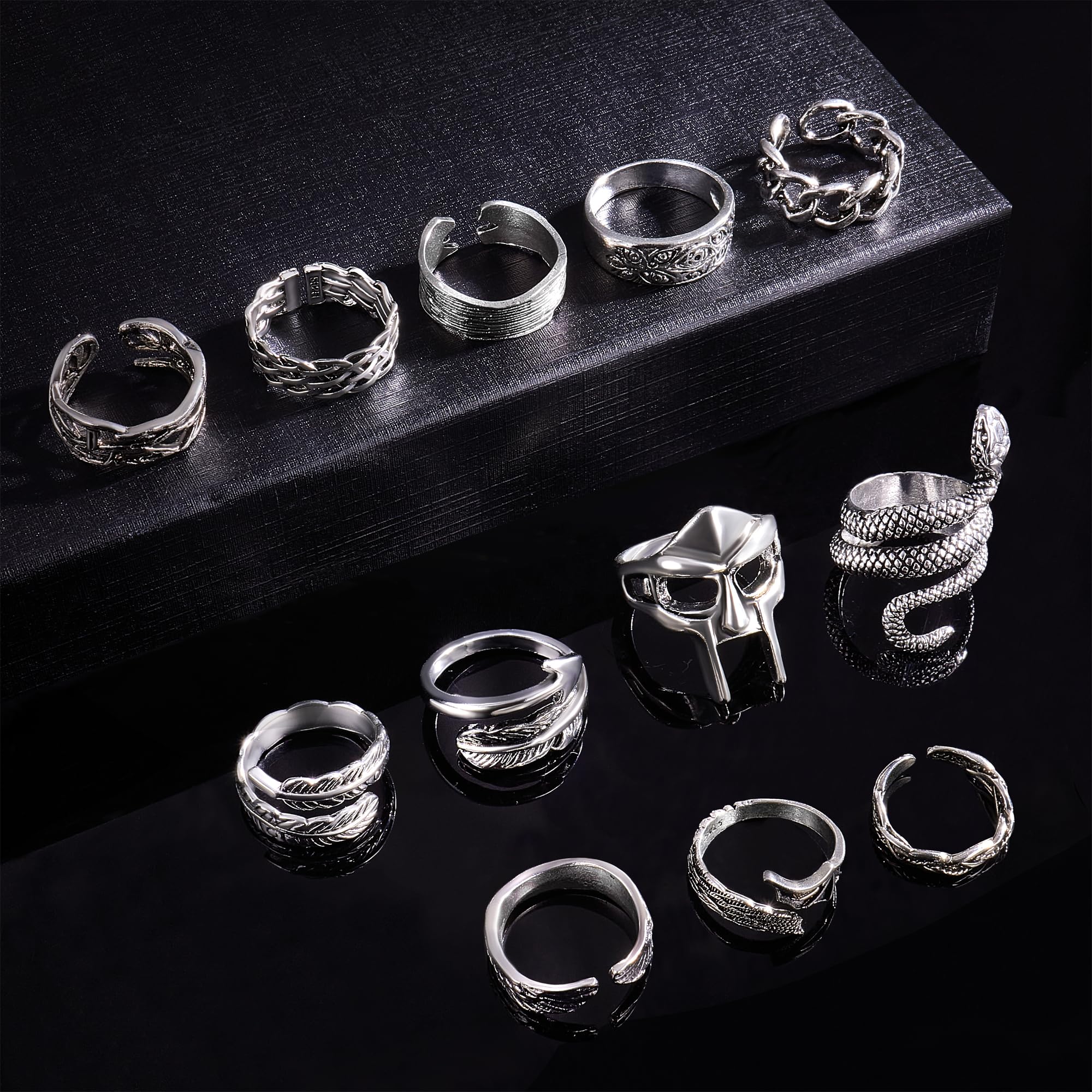 12 Pcs Vintage Rings for Men Adjustable Punk Gothic Viking Feather Angel Wings Snake Mask Rings Set