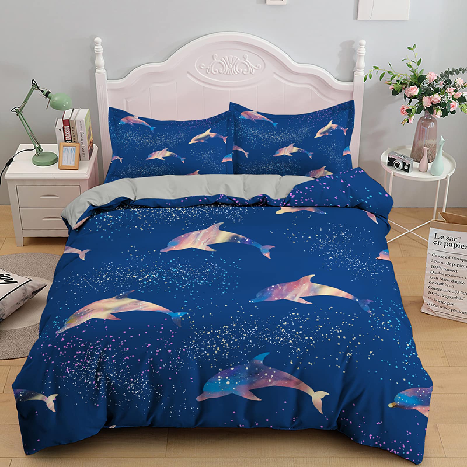 Parure de lit 90x190 enfant poisson bleu avec housse de couette microfibre et taie d'oreiller