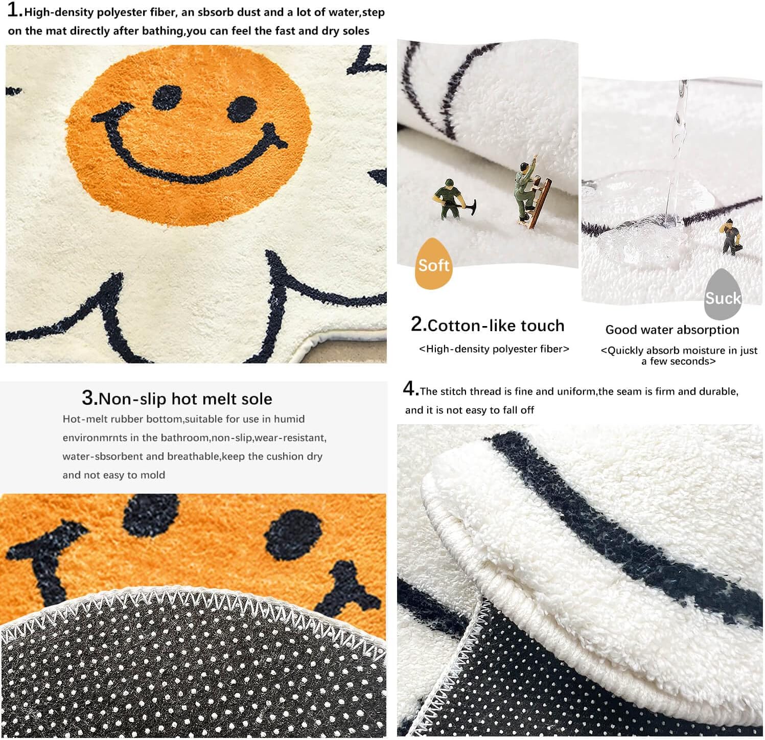 FOMAILE Bathroom Rugs Cute Bath Mat Sunflower Mat Happy Face Rug Strong Water Absorption Bath Rug Super Absorbent and Fluffy Mat Machine Washable Bahtub Mats for Shower, Tub, Bedroom 31.5IN