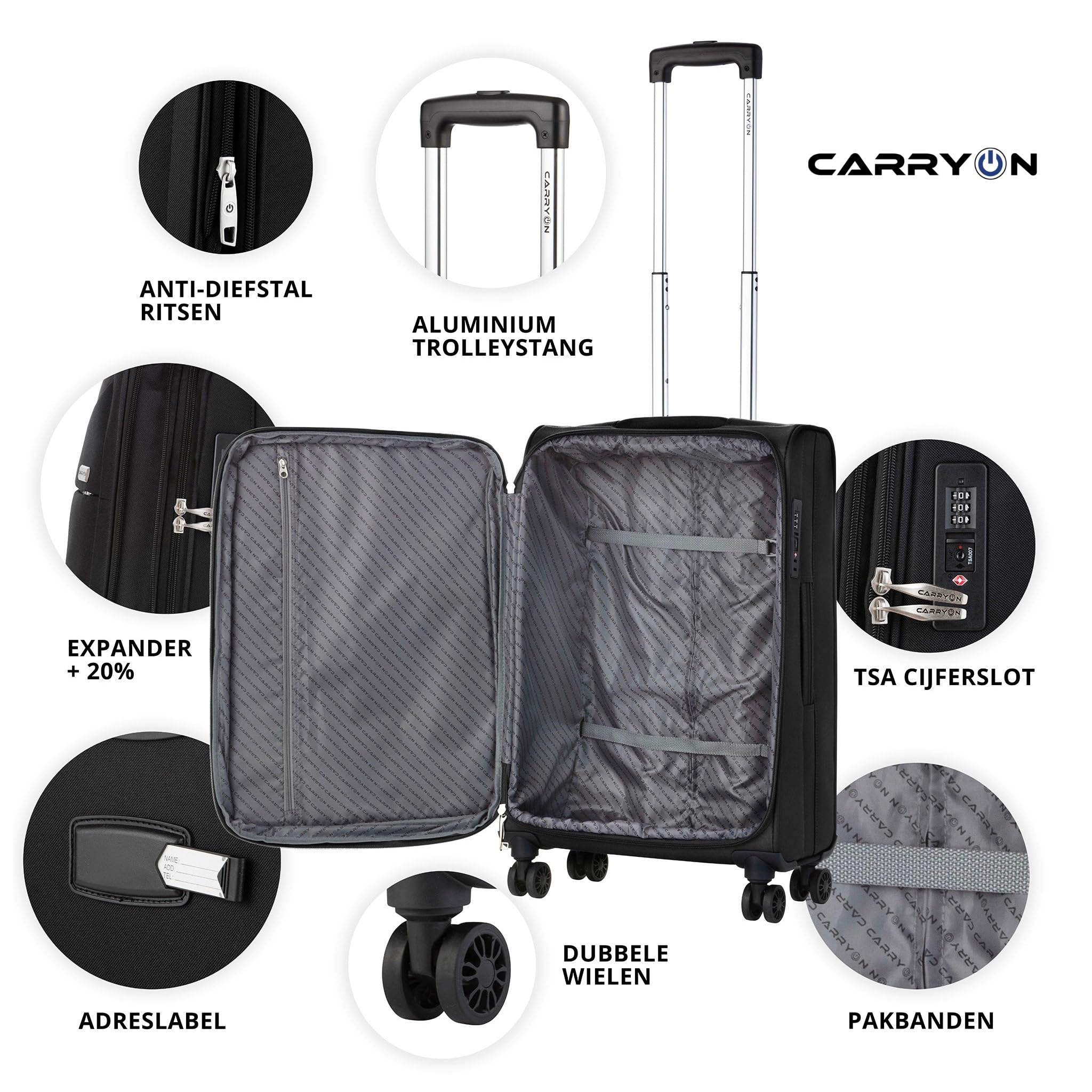 CarryOn Air – Miękka walizka kabinowa 55 cm, 41 l, lekka z zamkiem TSA (Czarny, Mały)